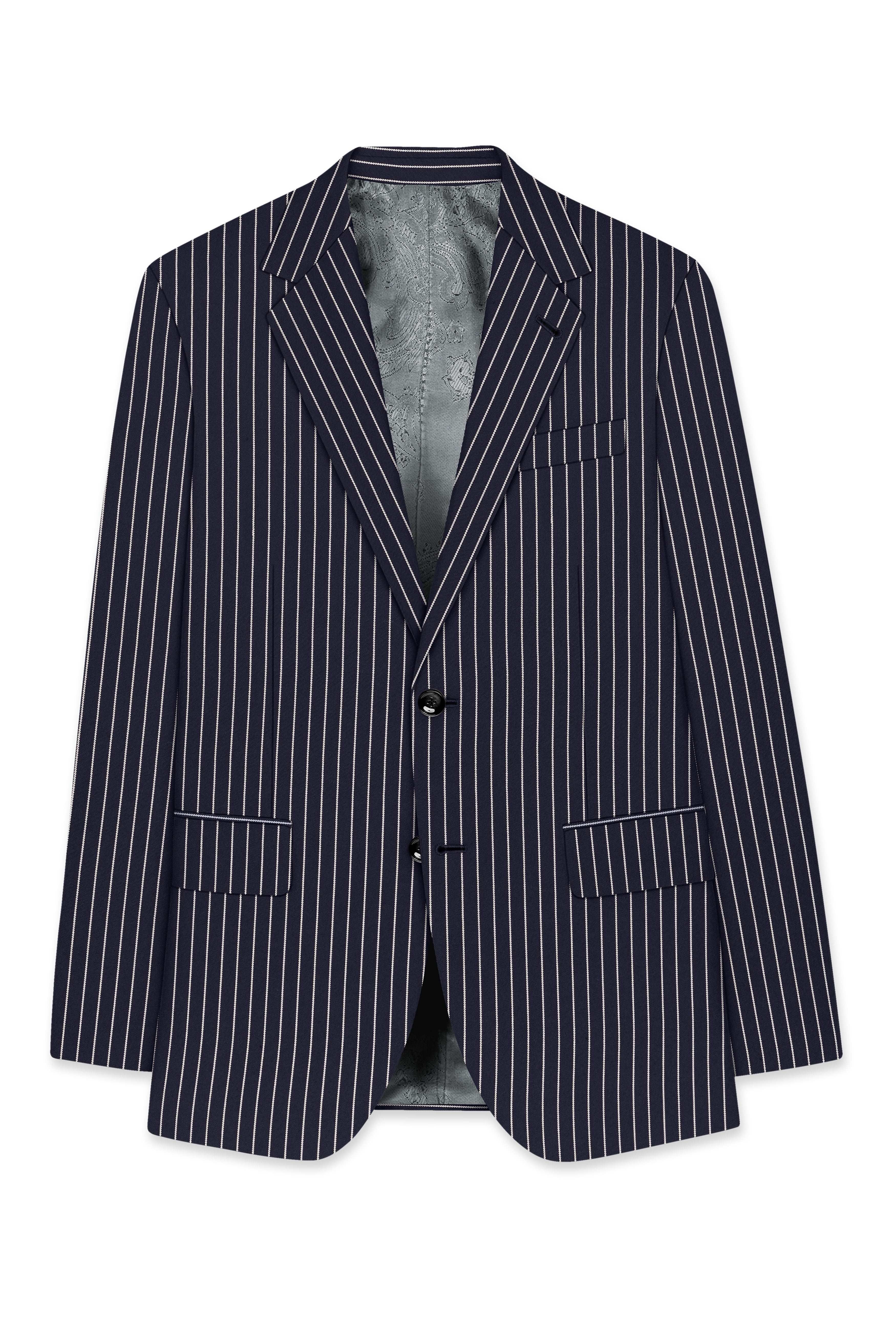 Maris-Baltic Sea Blue And Bright White Chalk Striped Wool Rich Slight Stretch Single Breasted Suit