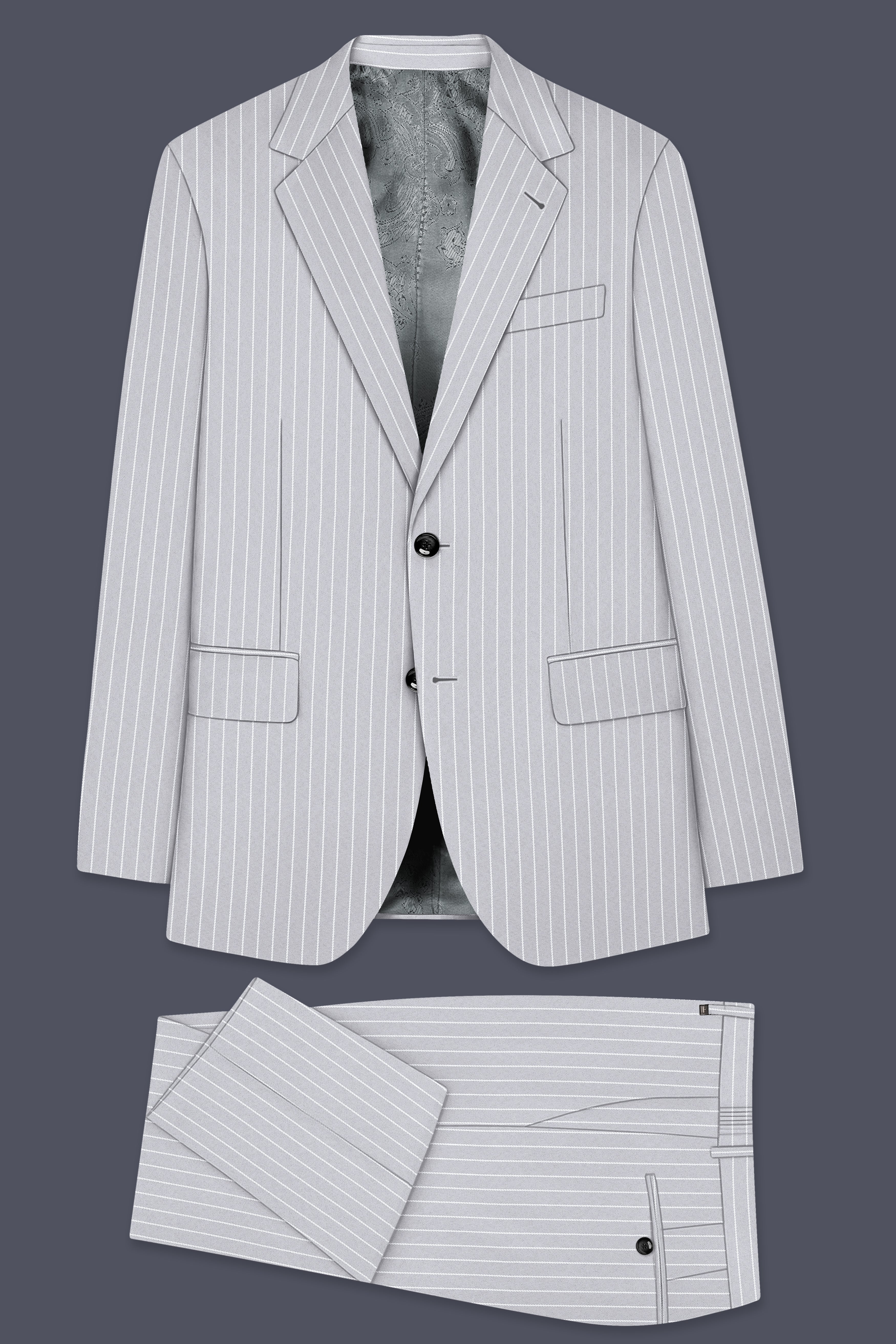Sterlan-Goose Gray And Bright White Chalk Striped Wool Rich Slight Stretch Single Breasted Suit