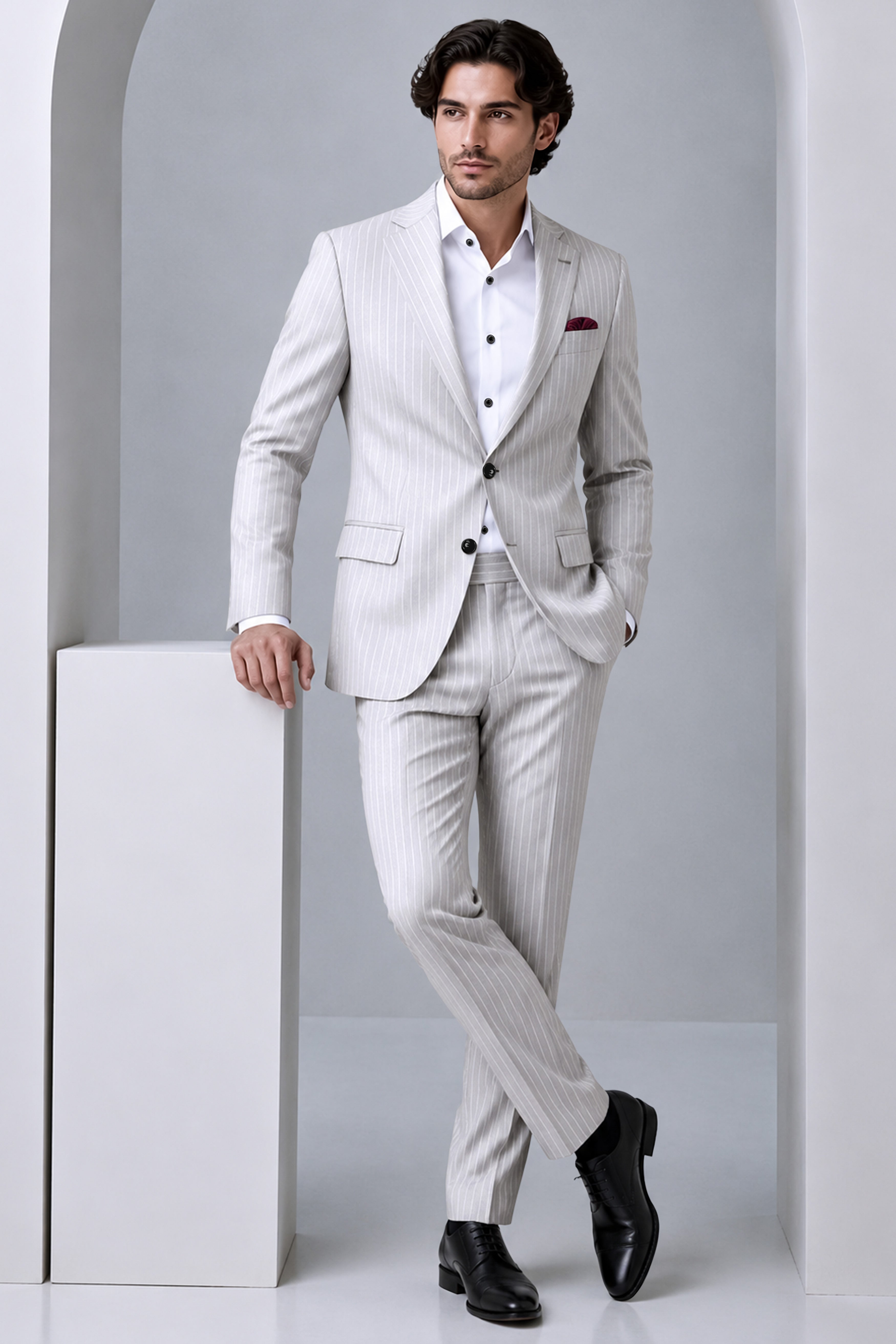 Sterlan-Goose Gray And Bright White Chalk Striped Wool Rich Slight Stretch Single Breasted Suit
