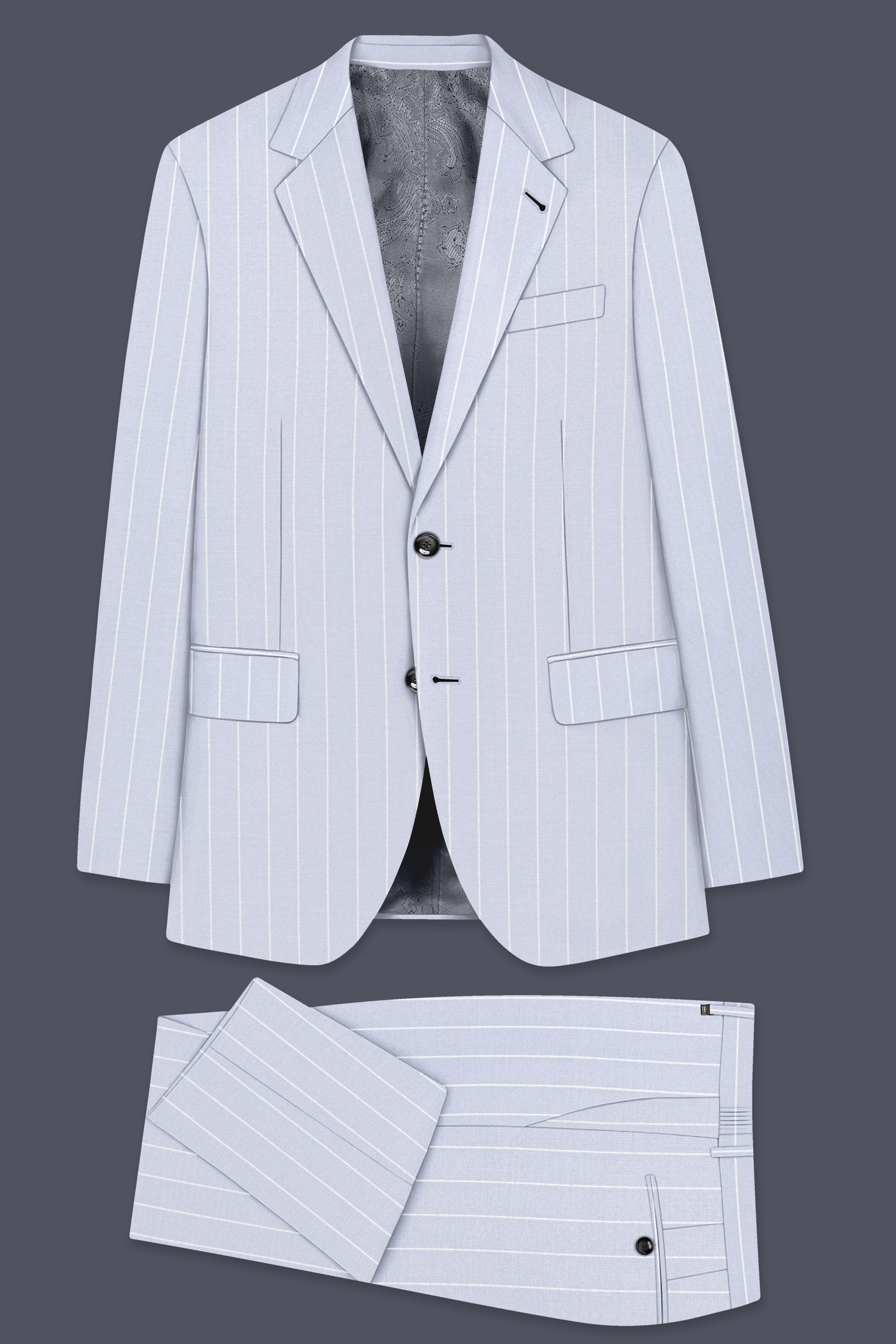 Axiom-Loblolly Gray And Bright White Chalk Striped Wool Rich Slight Stretch Single Breasted Suit