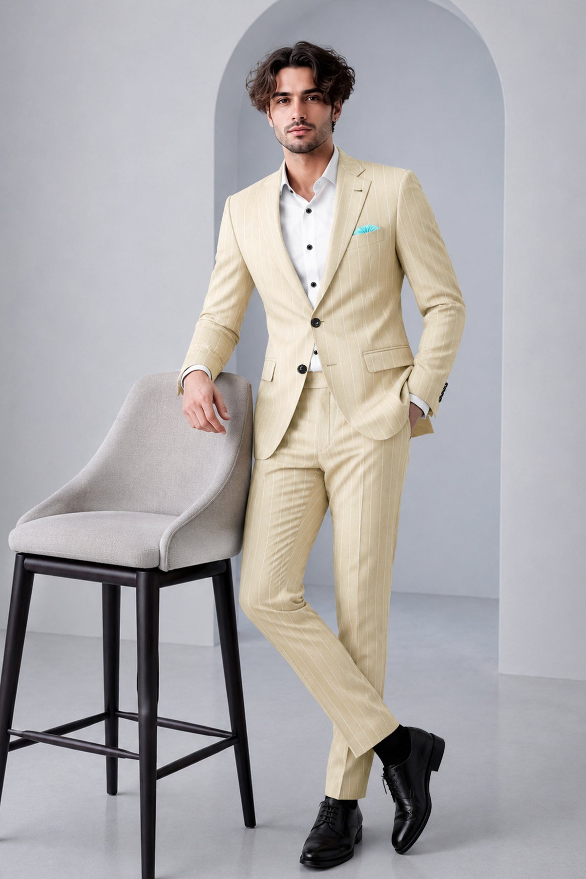 Lumier-Akaroa Cream And Bright White Chalk Striped Wool Rich Slight Stretch Single Breasted Suit