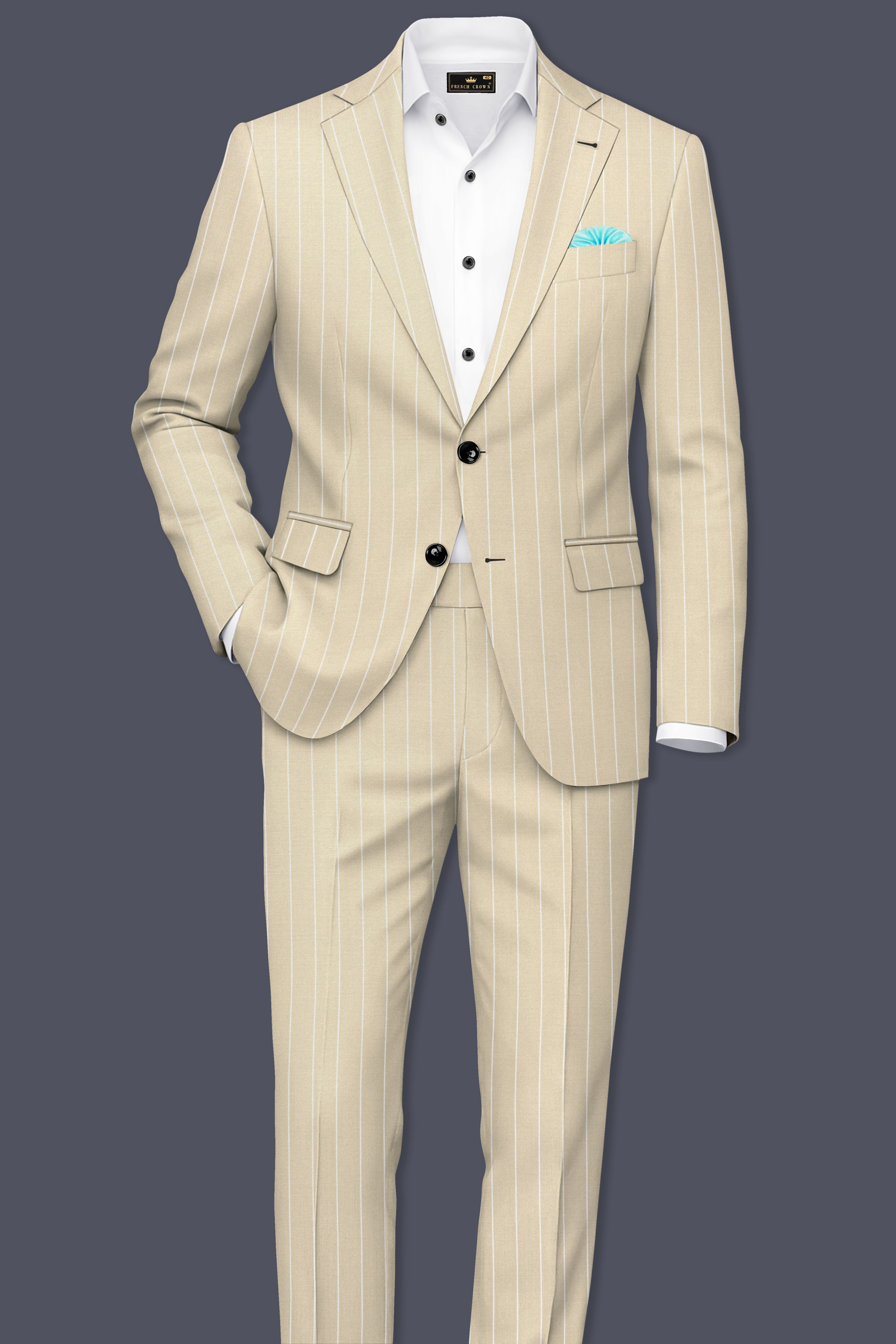 Lumier-Akaroa Cream And Bright White Chalk Striped Wool Rich Slight Stretch Single Breasted Suit