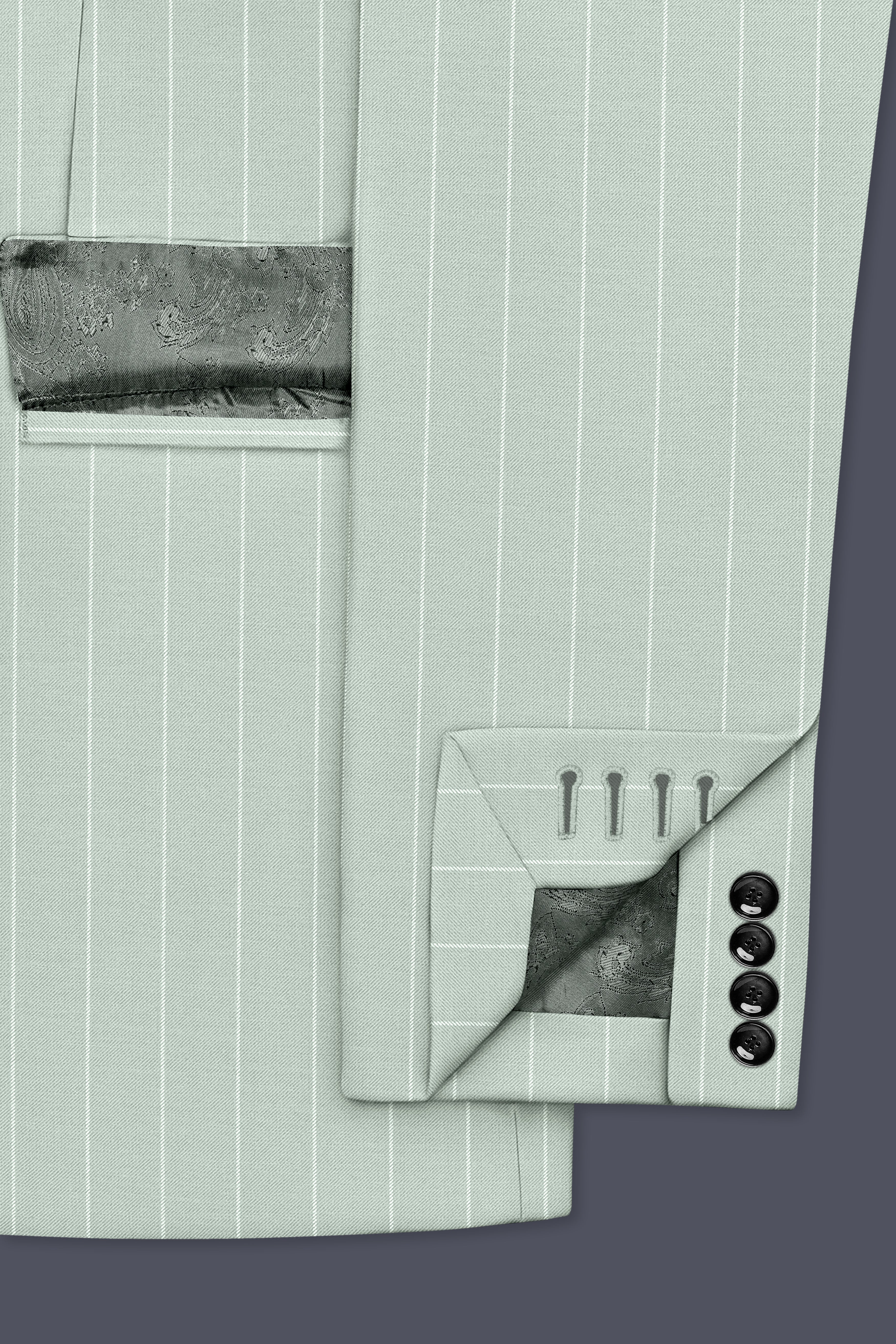 Halcyon-Pale Leaf Green And Bright White Chalk Striped Wool Rich Slight Stretch Single Breasted Suit