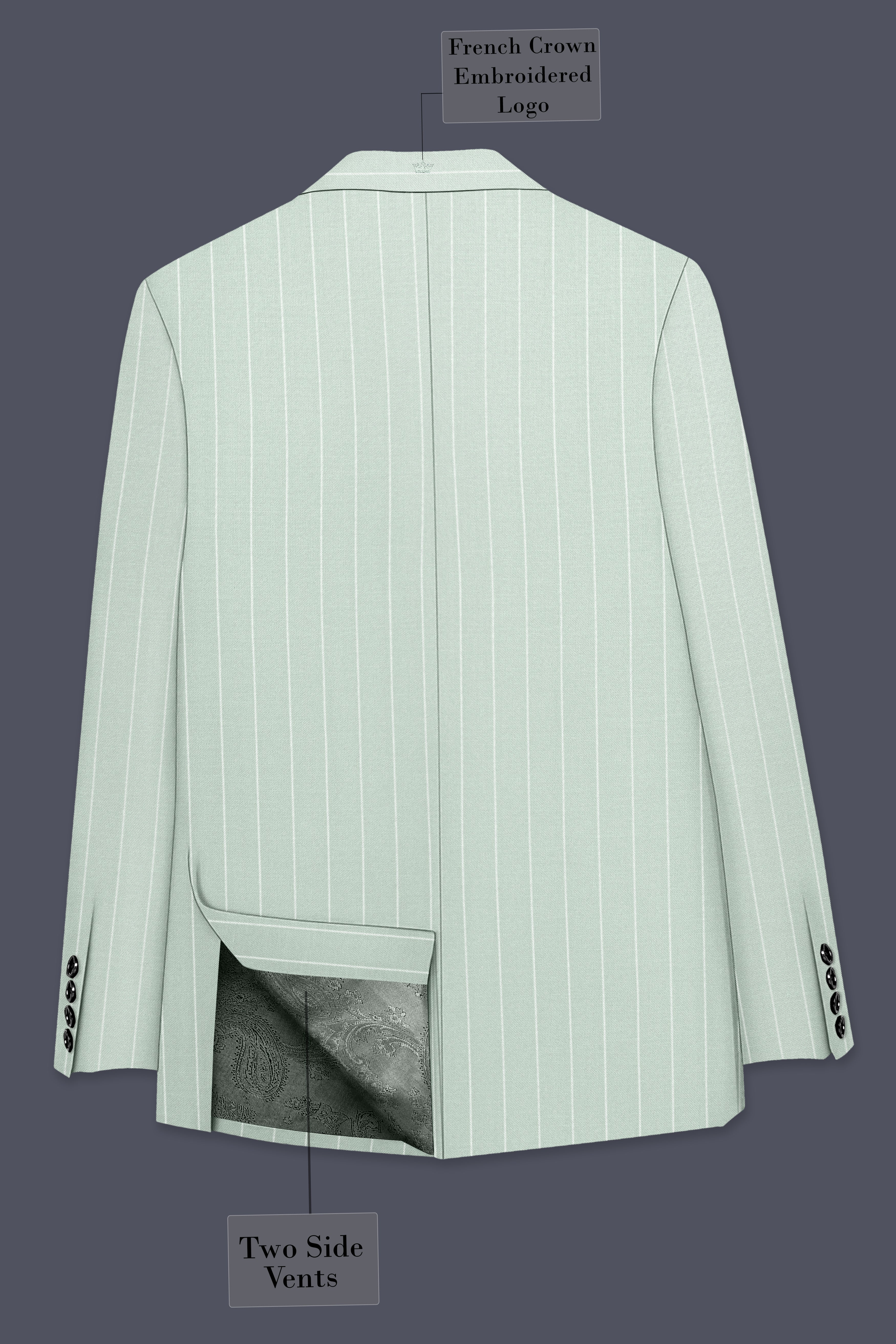 Halcyon-Pale Leaf Green And Bright White Chalk Striped Wool Rich Slight Stretch Single Breasted Suit