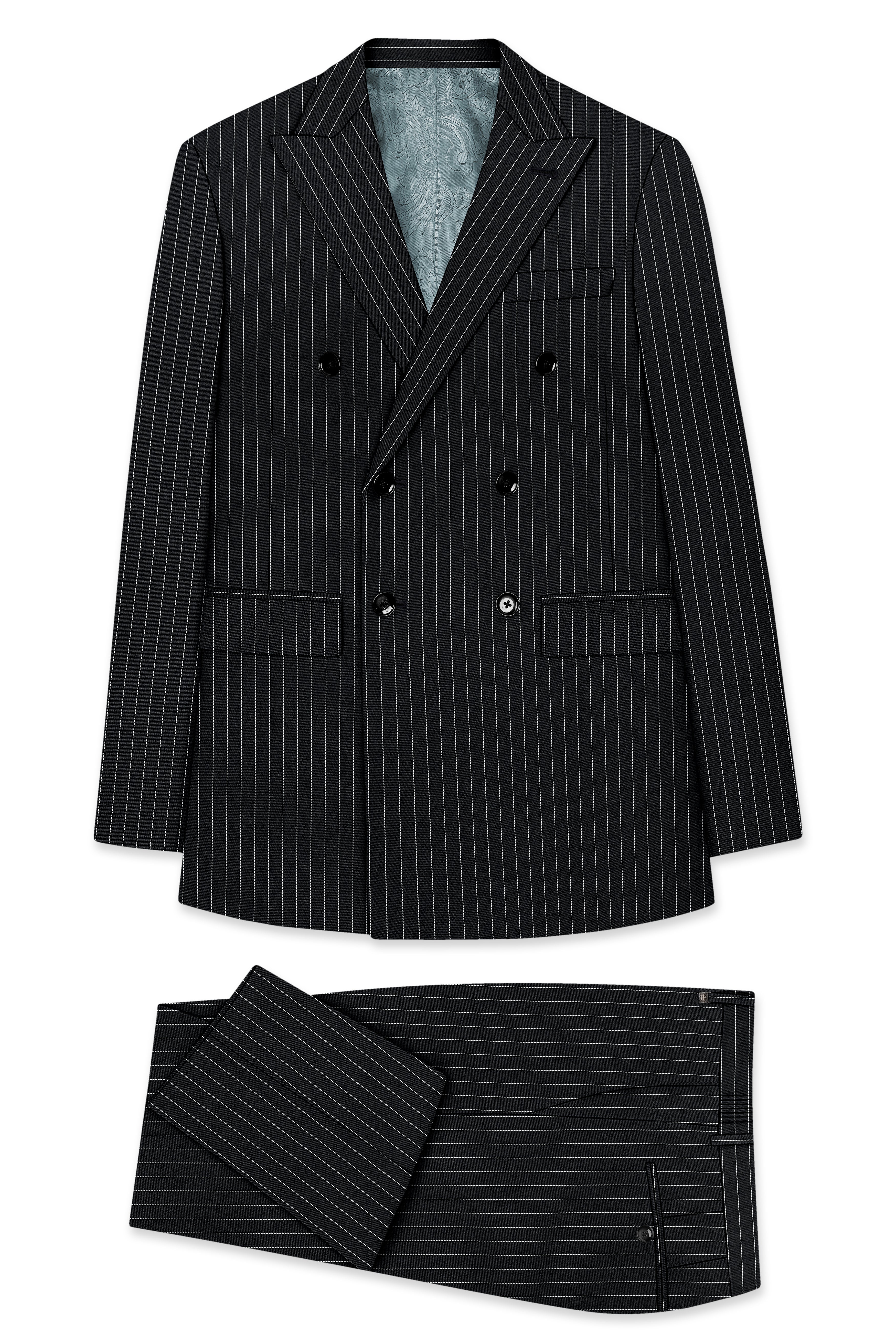Strivon-Jade Black And Bright White Chalk Striped Wool Rich Slight Stretch Double Breasted Suit