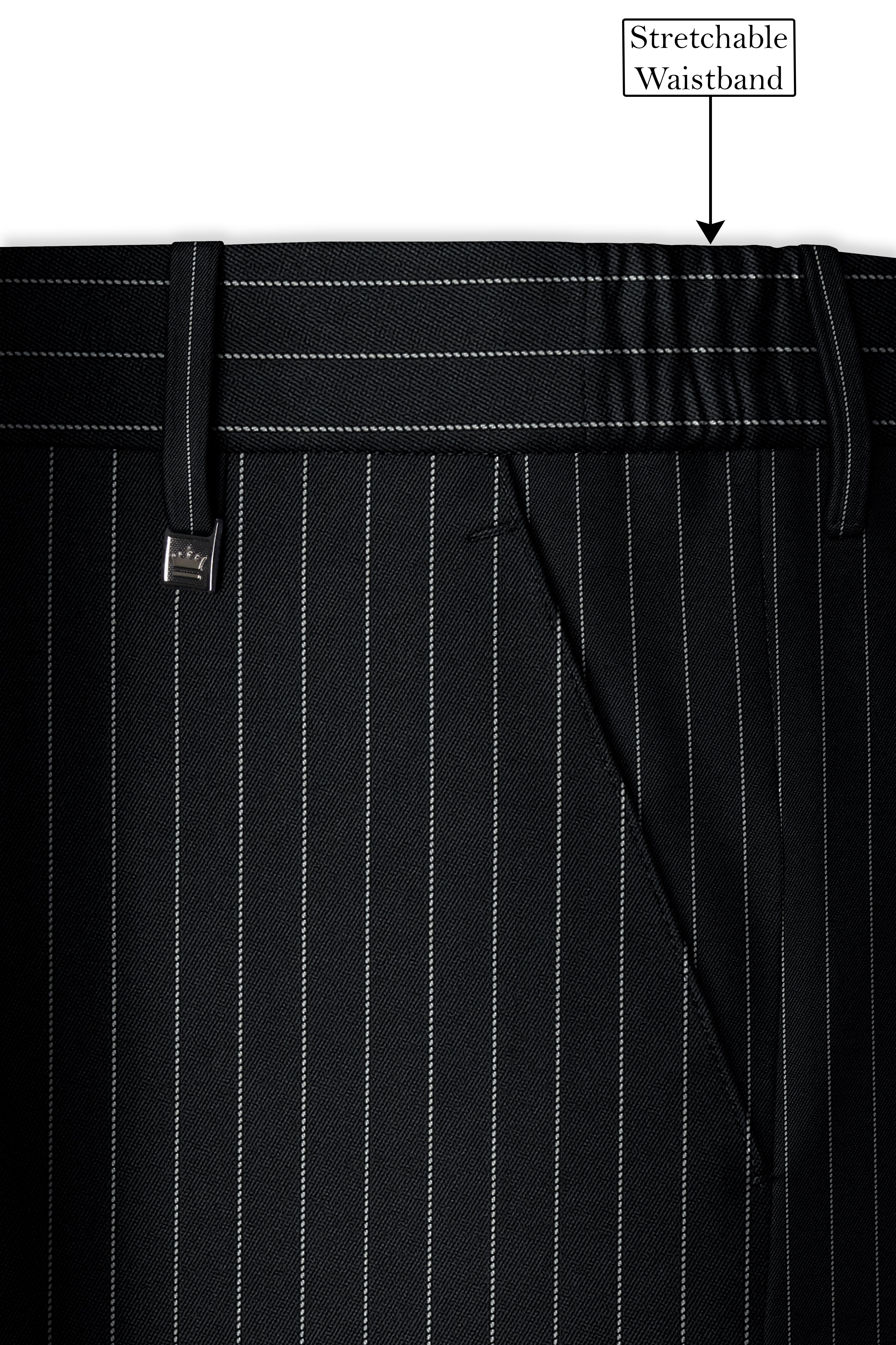 Strivon-Jade Black And Bright White Chalk Striped Wool Rich Slight Stretch Double Breasted Suit