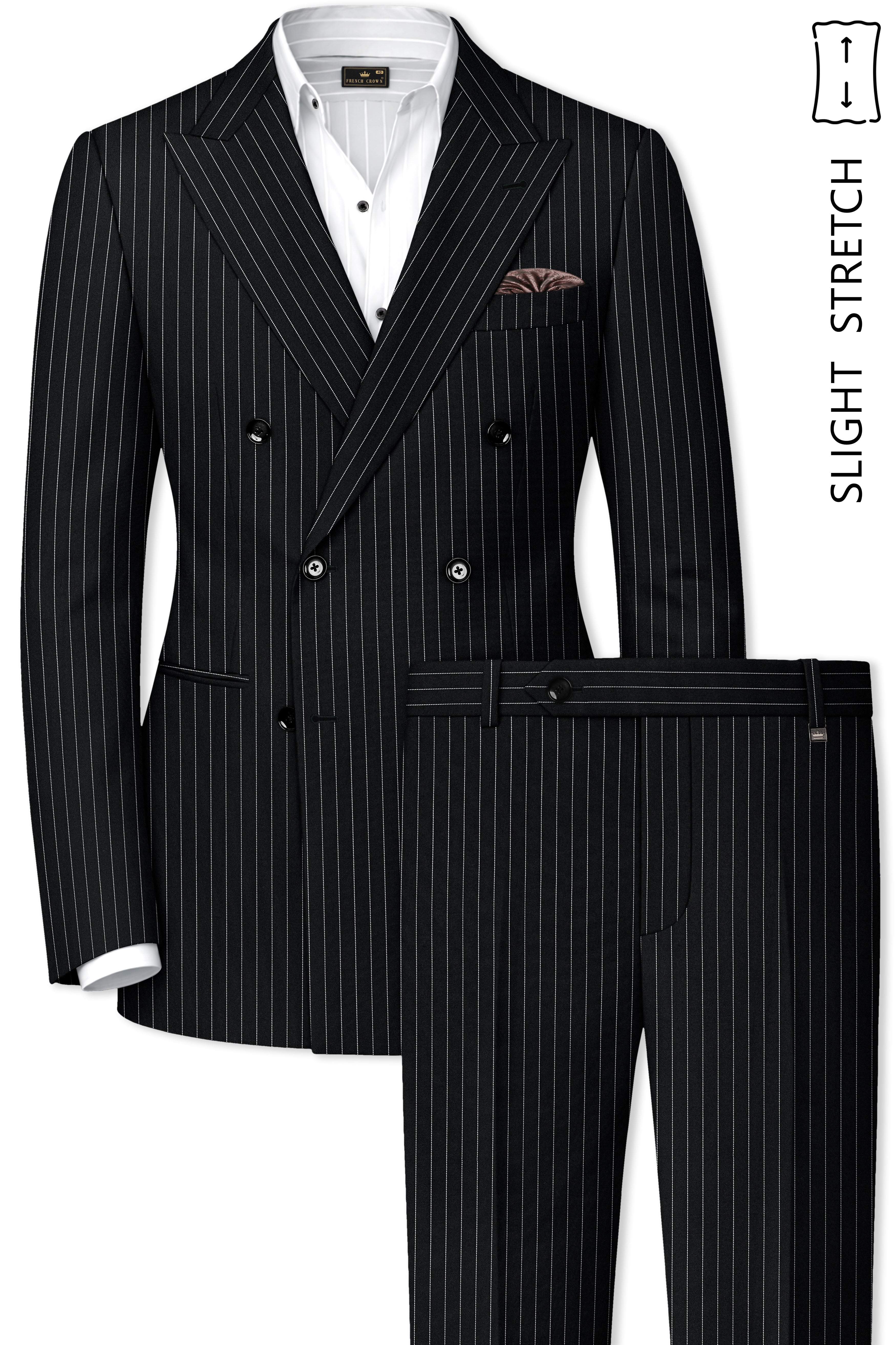Strivon-Jade Black And Bright White Chalk Striped Wool Rich Slight Stretch Double Breasted Suit