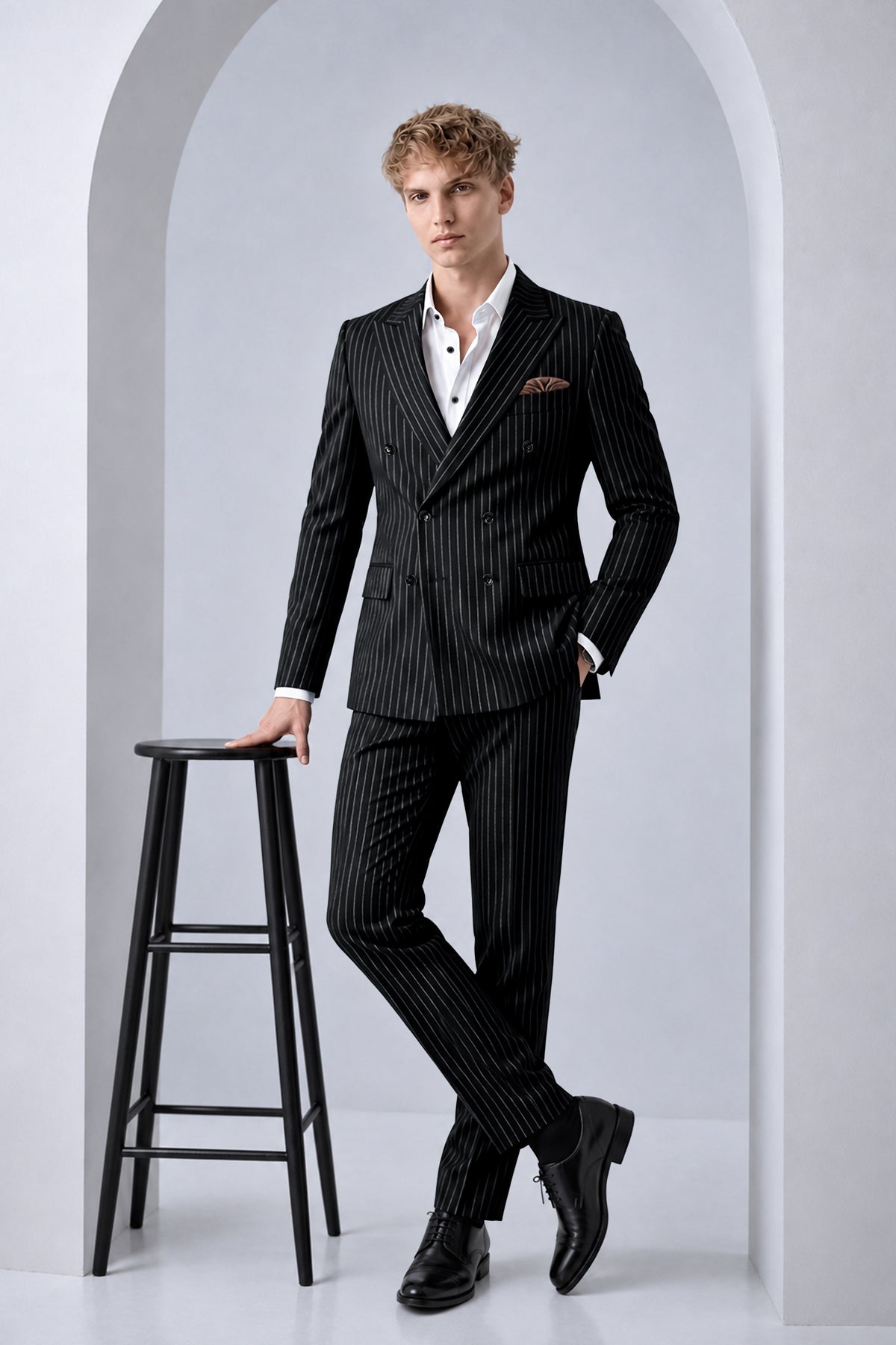 Strivon-Jade Black And Bright White Chalk Striped Wool Rich Slight Stretch Double Breasted Suit