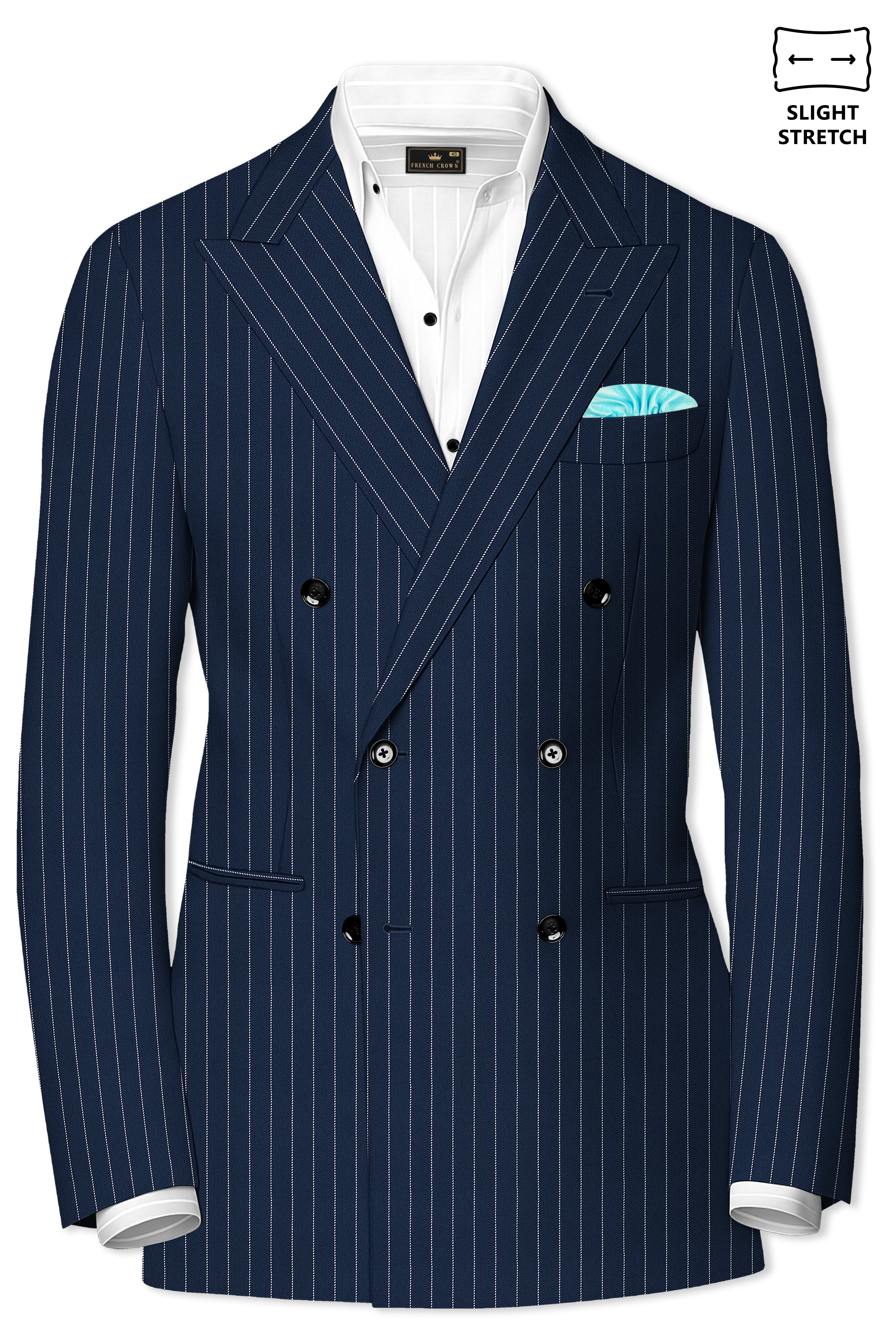 Veritus-Zodiac Blue And Bright White Chalk Striped Wool Rich Slight Stretch Double Breasted Suit