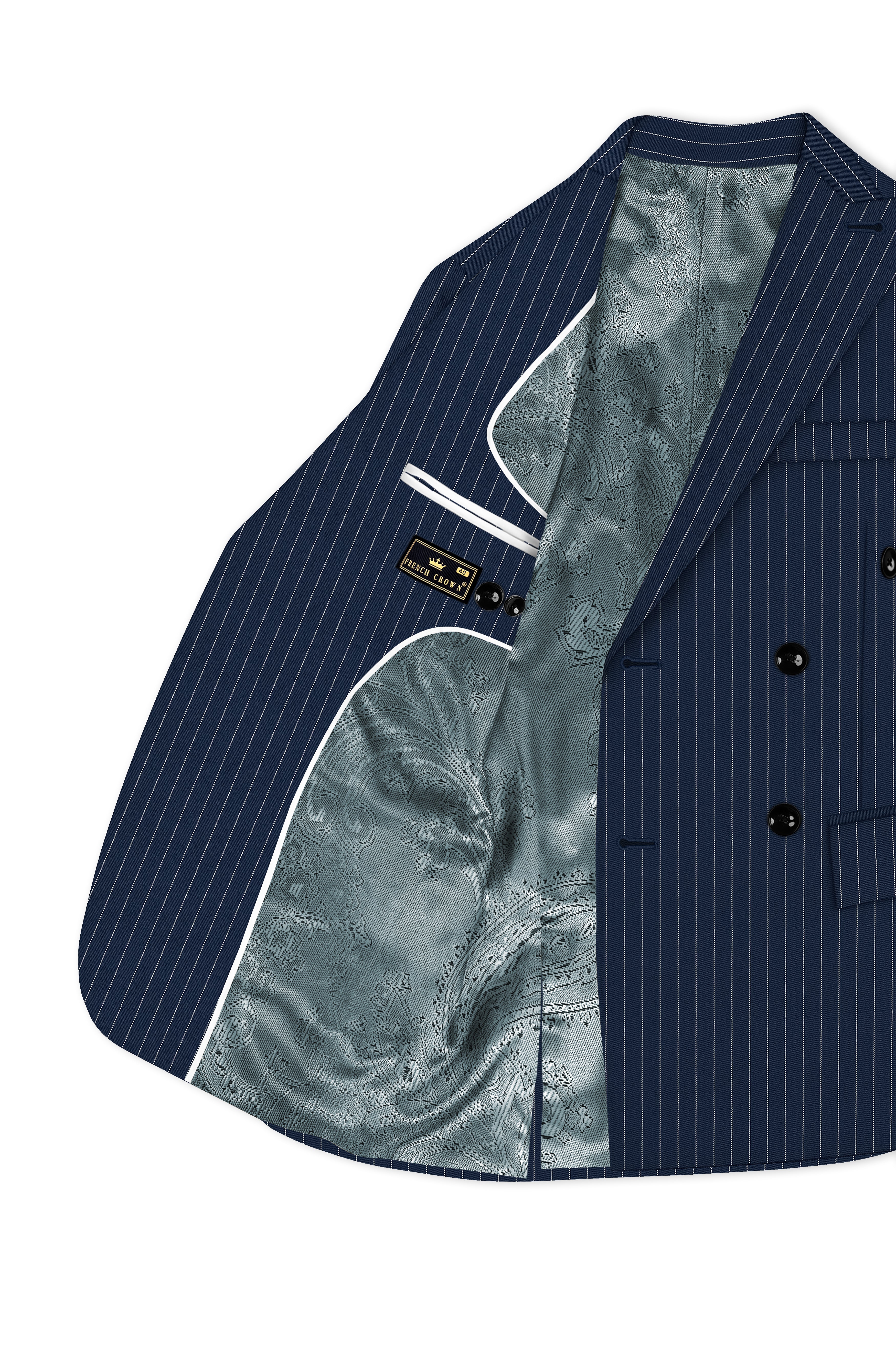 Veritus-Zodiac Blue And Bright White Chalk Striped Wool Rich Slight Stretch Double Breasted Suit