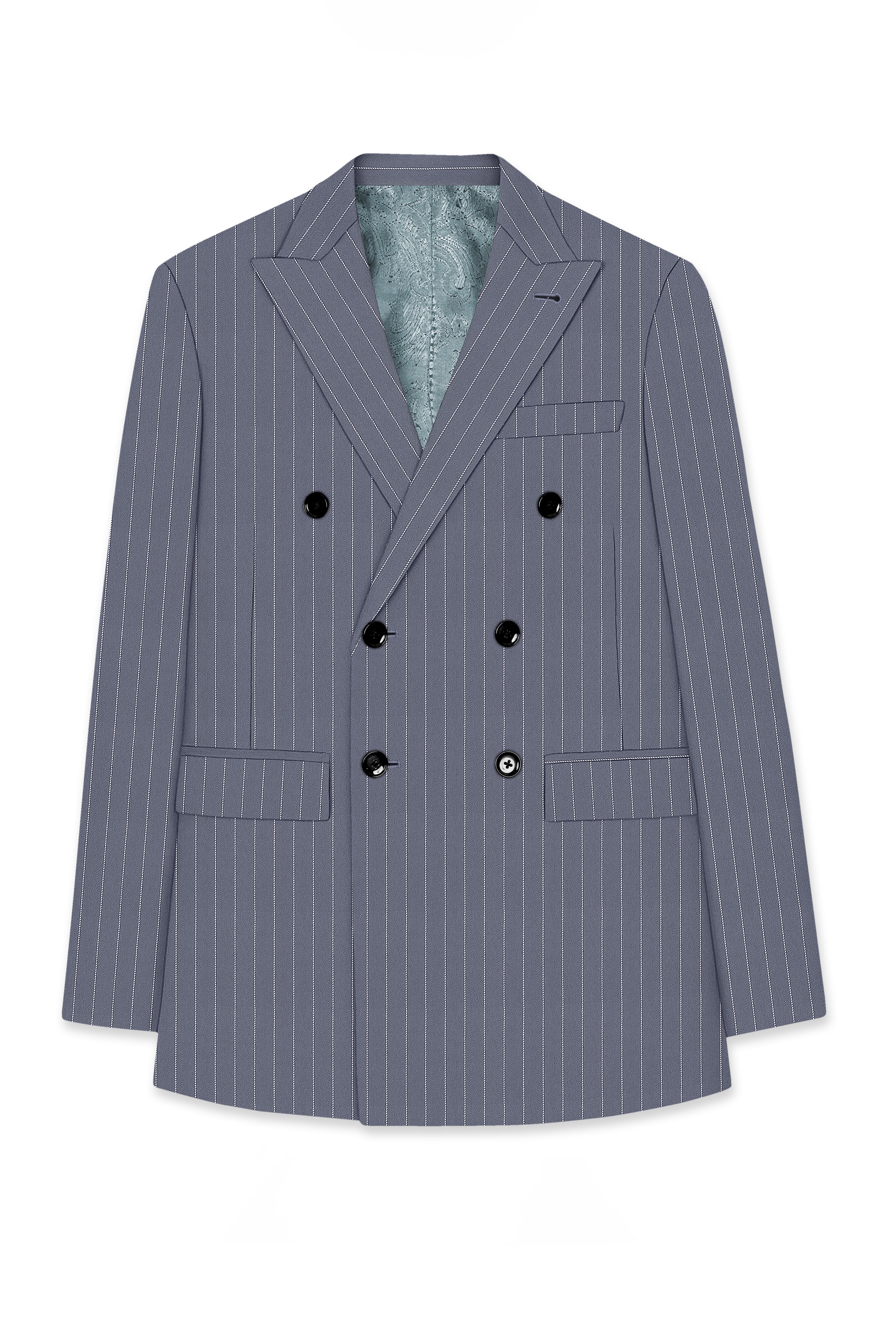 Monarch-Shark Gray And Bright White Chalk Striped Wool Rich Slight Stretch Double Breasted Suit