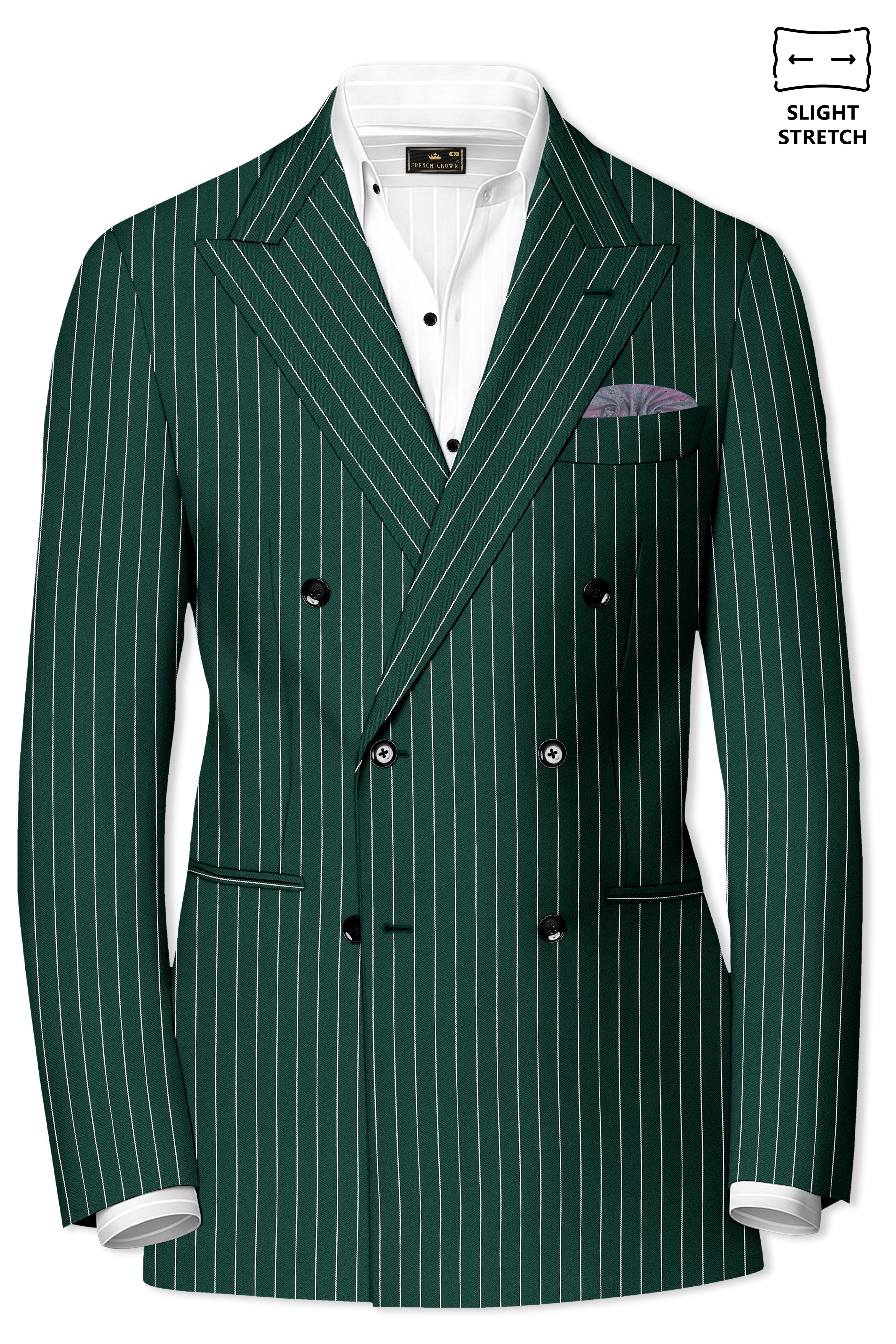 Arbor-Timber Green Herringbone Striped Wool Rich Slight Stretch Double Breasted Suit