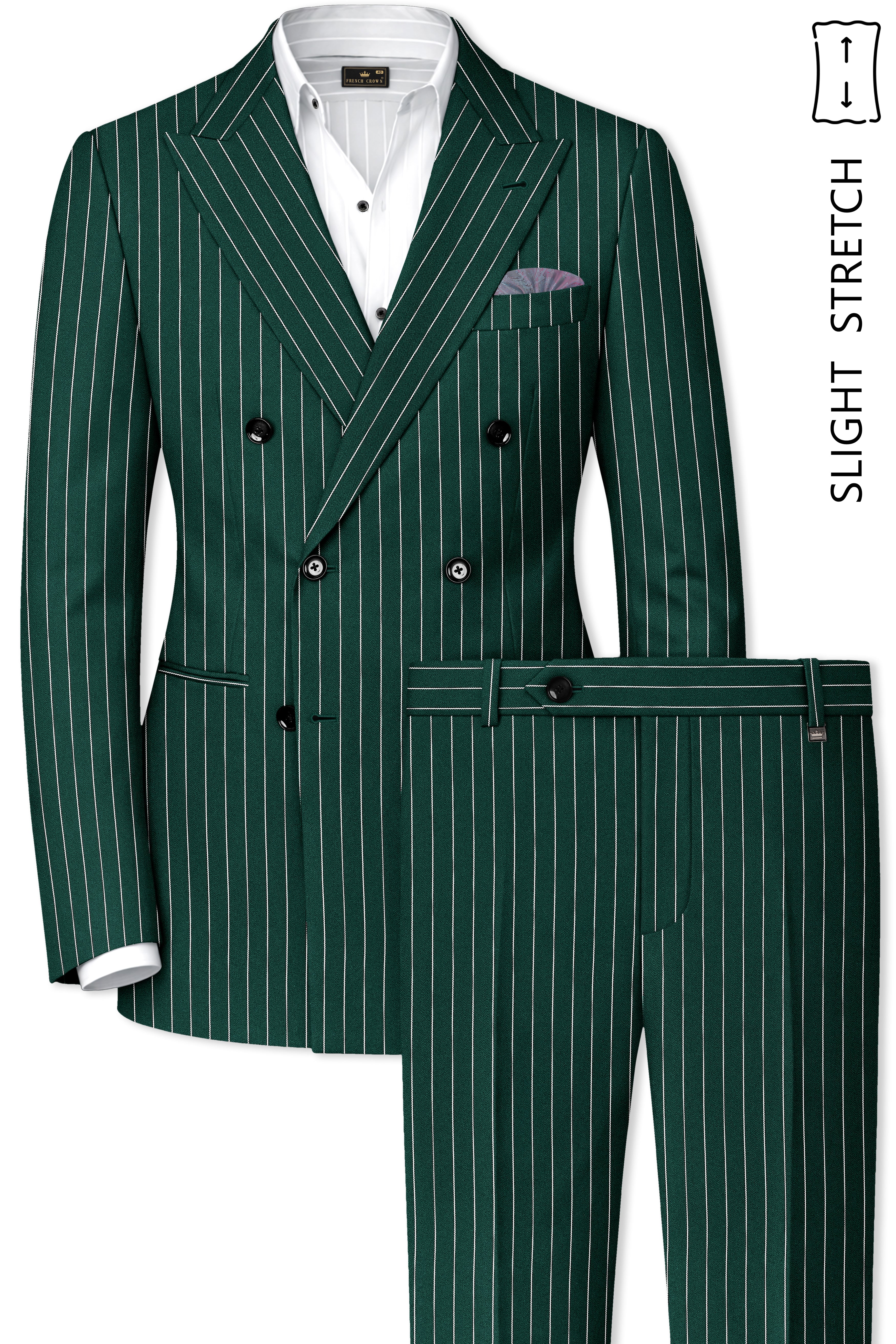 Arbor-Timber Green Herringbone Striped Wool Rich Slight Stretch Double Breasted Suit