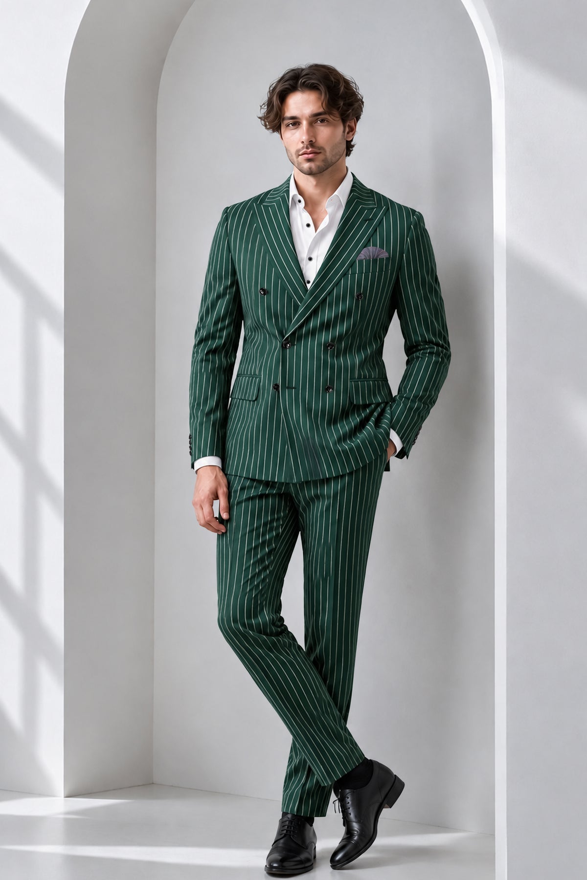 Arbor-Timber Green Herringbone Striped Wool Rich Slight Stretch Double Breasted Suit