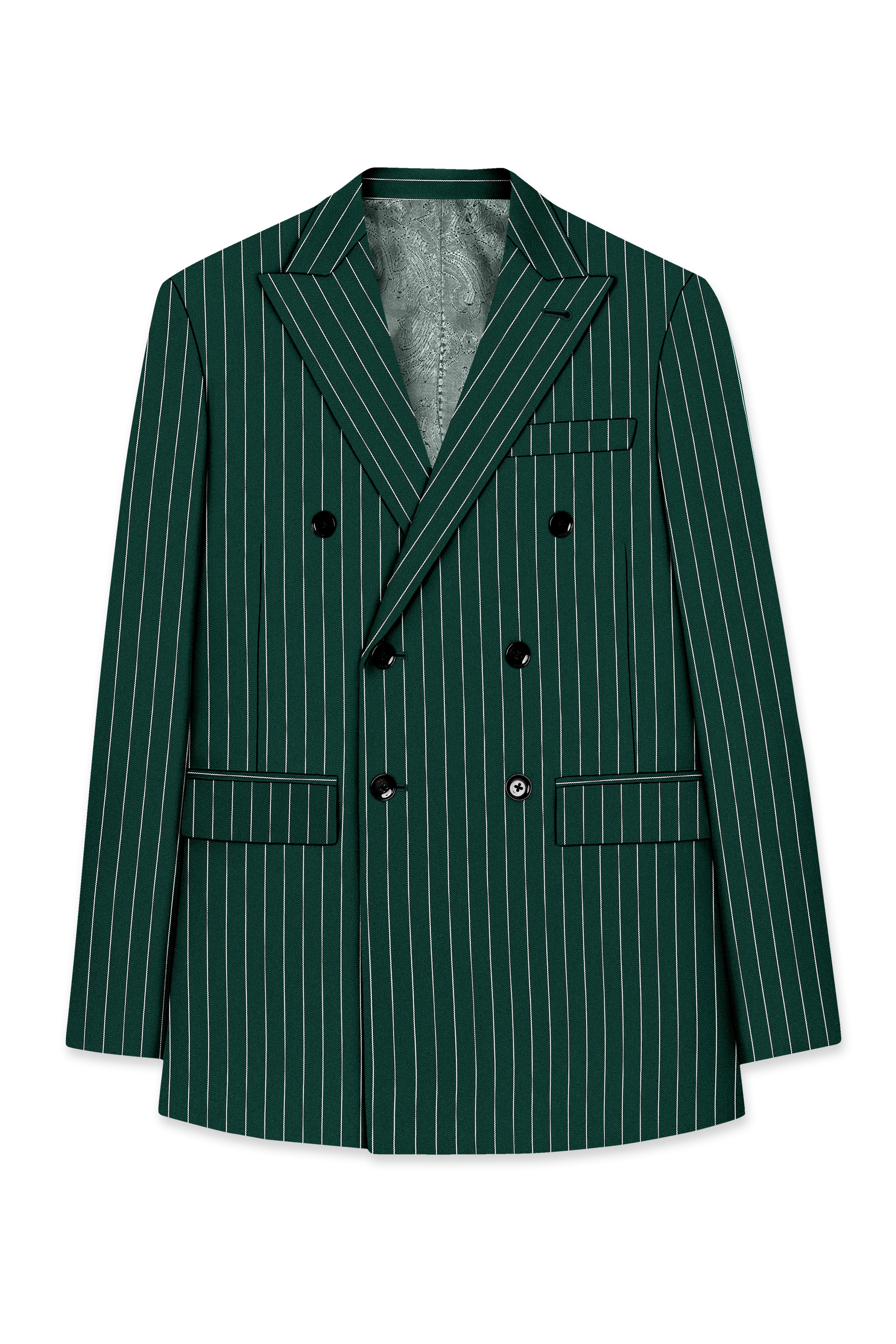 Arbor-Timber Green Herringbone Striped Wool Rich Slight Stretch Double Breasted Suit