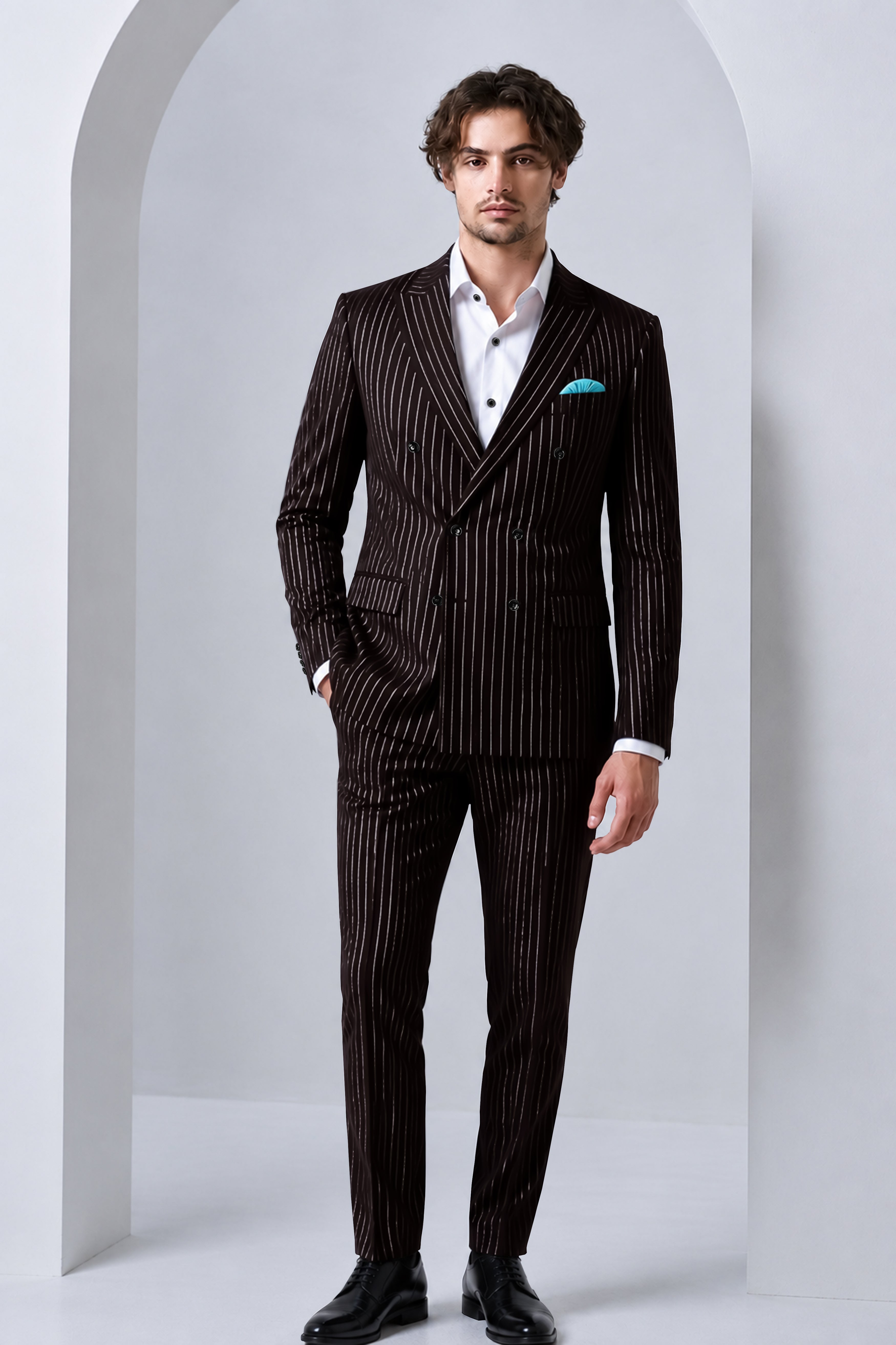 Bastion-Gondola Brown And Bright White Chalk Striped Wool Rich Slight Stretch Double Breasted Suit