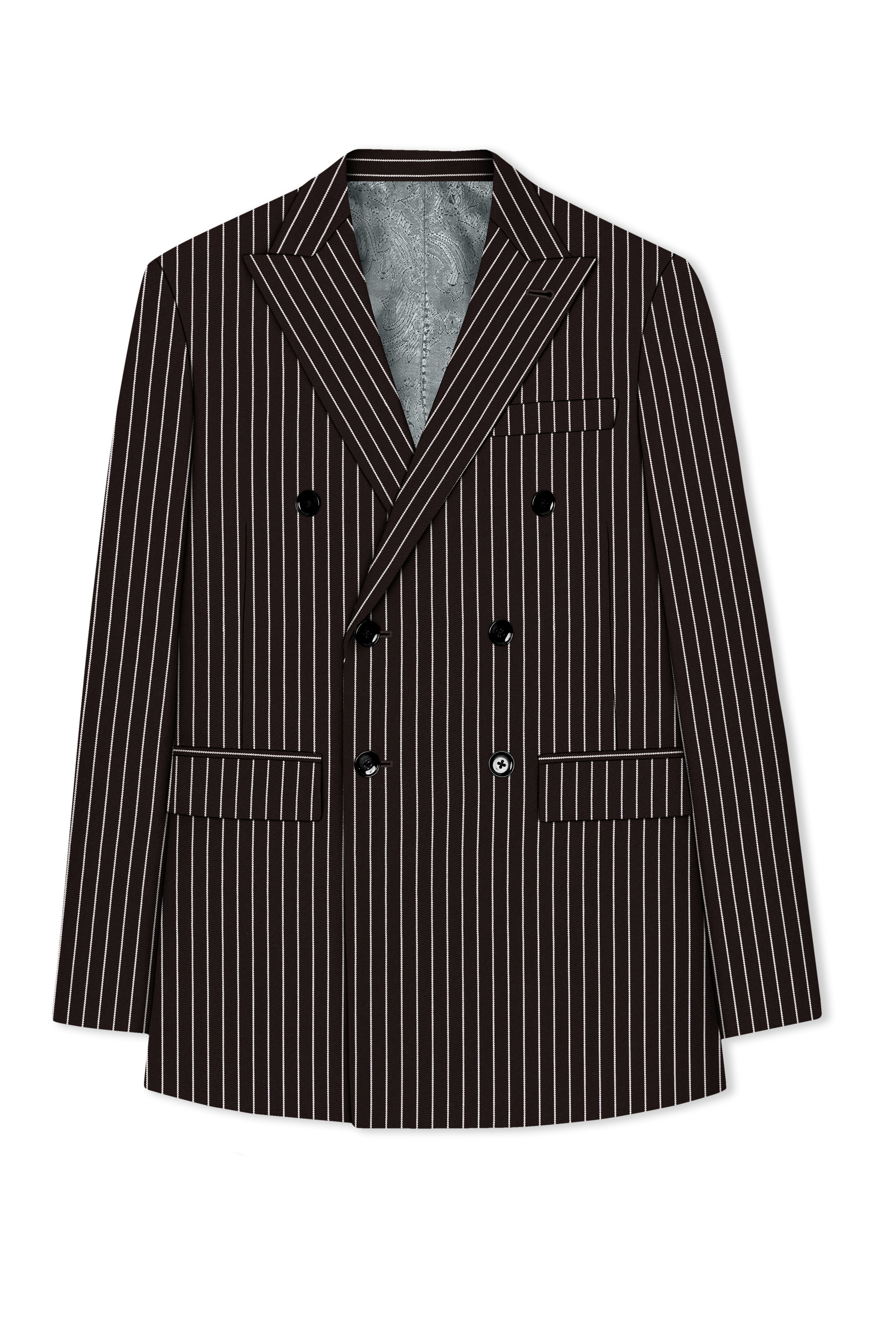 Bastion-Gondola Brown And Bright White Chalk Striped Wool Rich Slight Stretch Double Breasted Suit