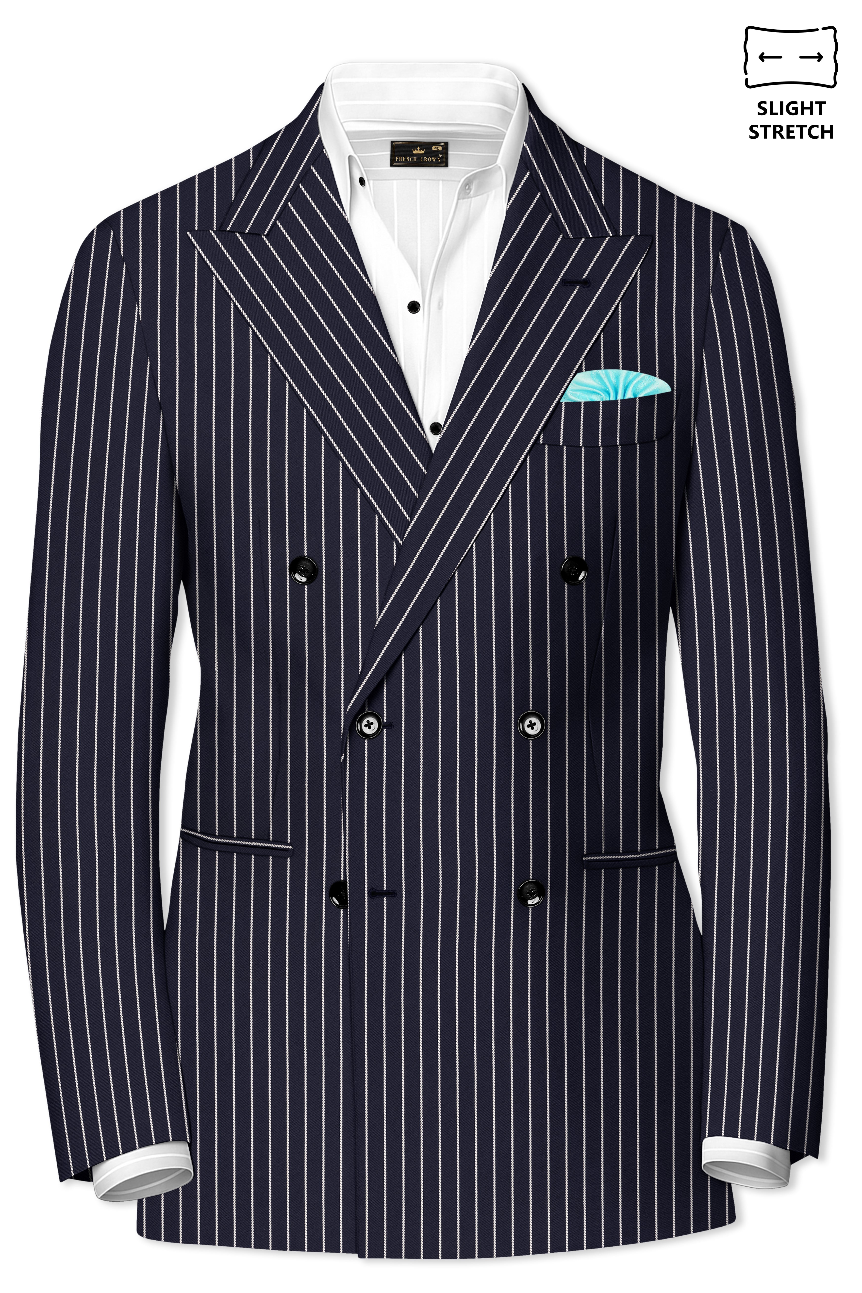 Maris-Baltic Sea Blue And Bright White Chalk Striped Wool Rich Slight Stretch Double Breasted Suit