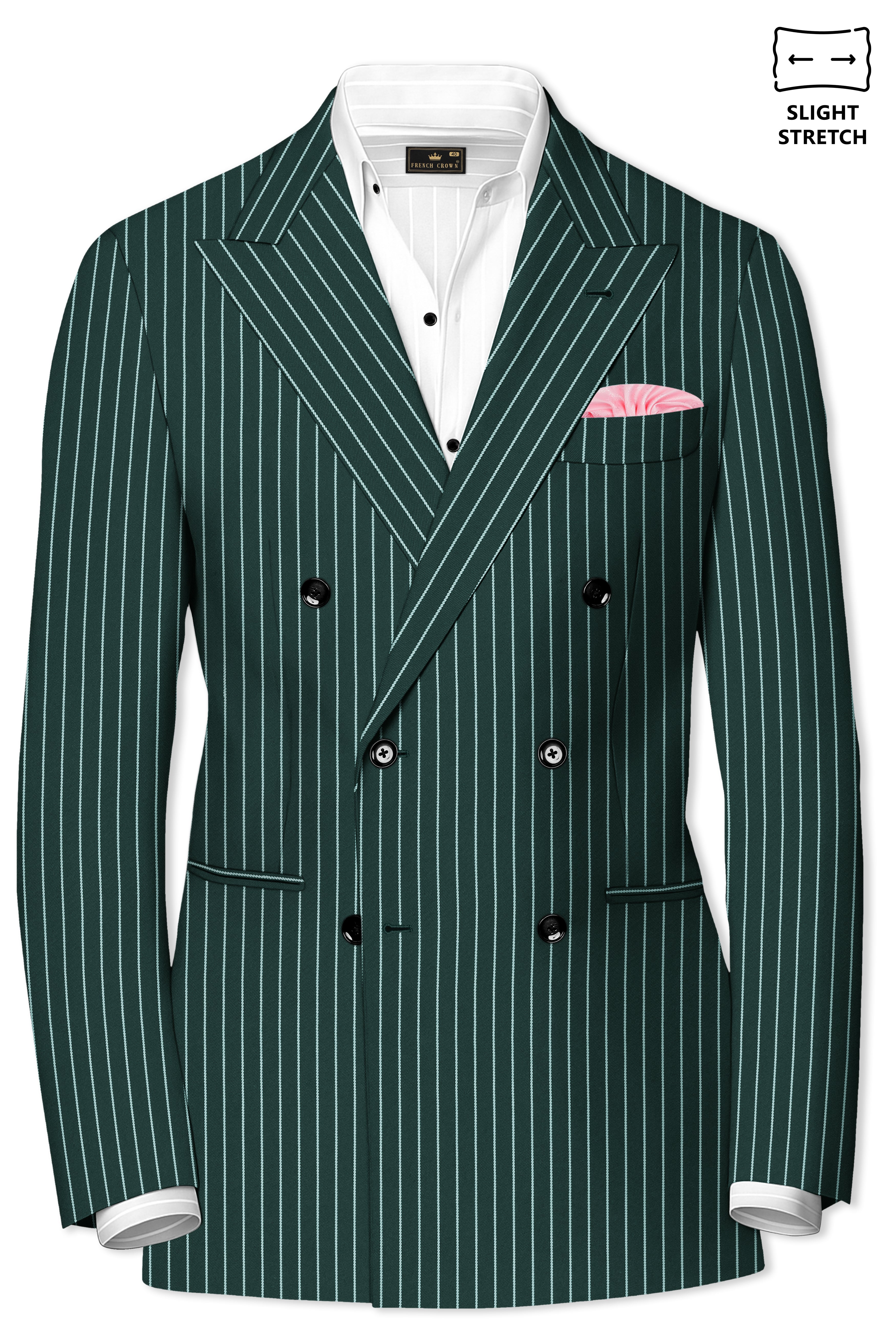 Forenza-Jungle Green And Bright White Chalk Striped Wool Rich Slight Stretch Double Breasted Suit