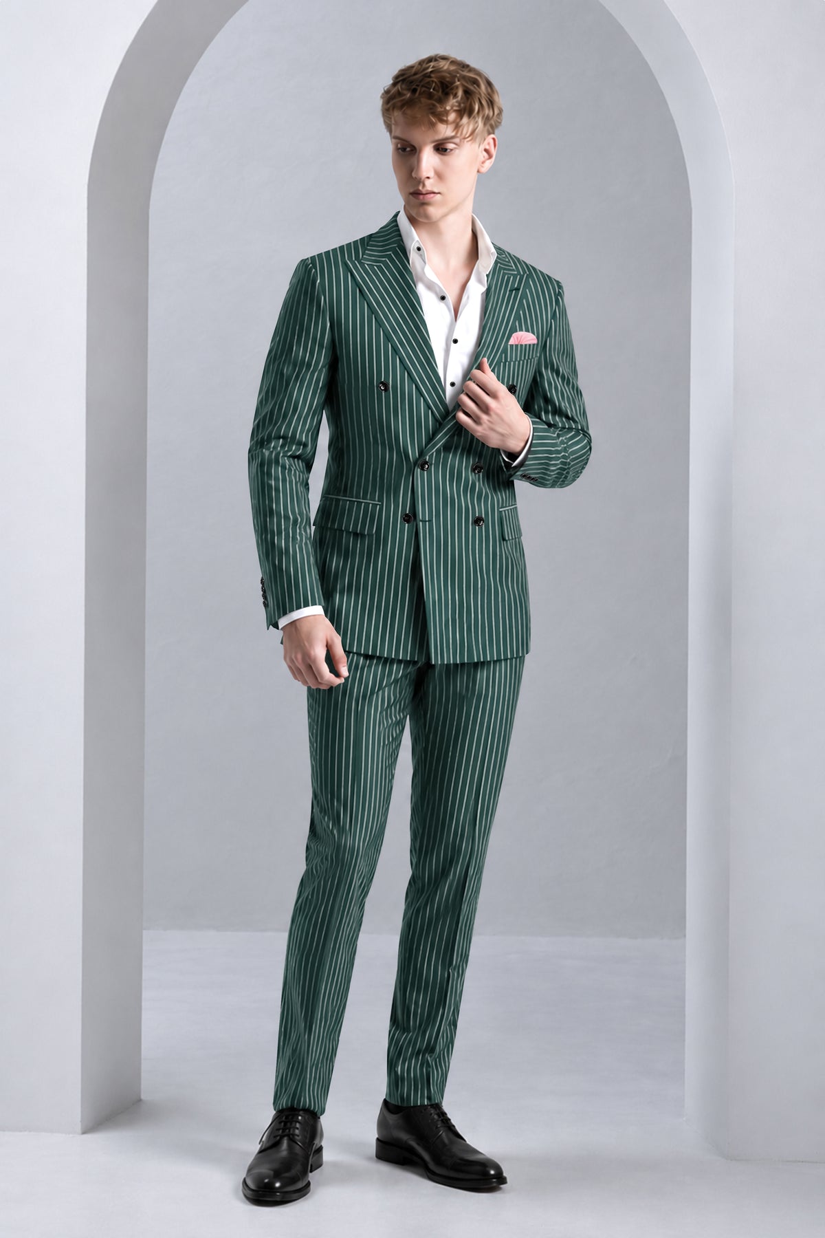 Forenza-Jungle Green And Bright White Chalk Striped Wool Rich Slight Stretch Double Breasted Suit