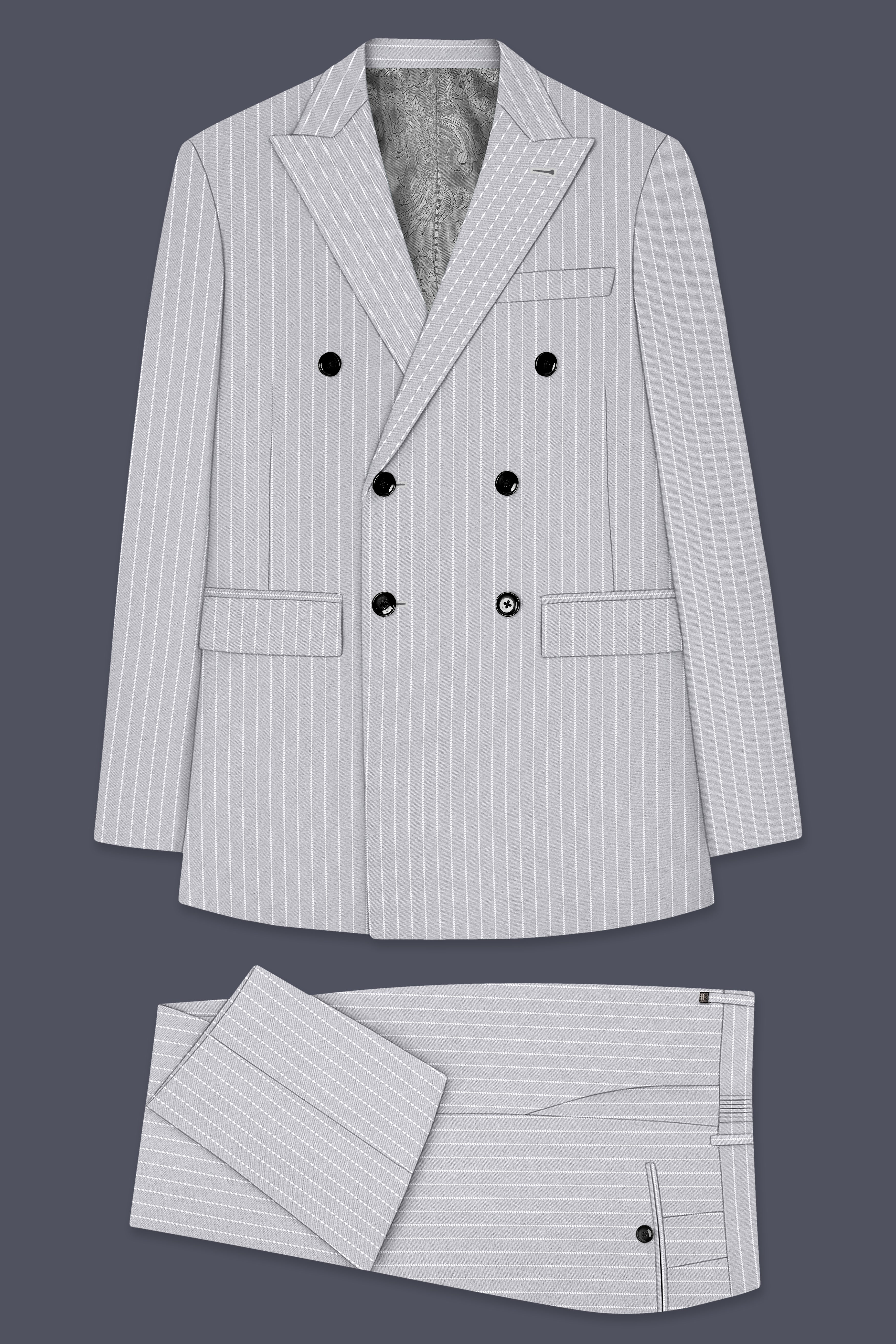 Sterlan-Goose Gray And Bright White Chalk Striped Wool Rich Slight Stretch Double Breasted Suit