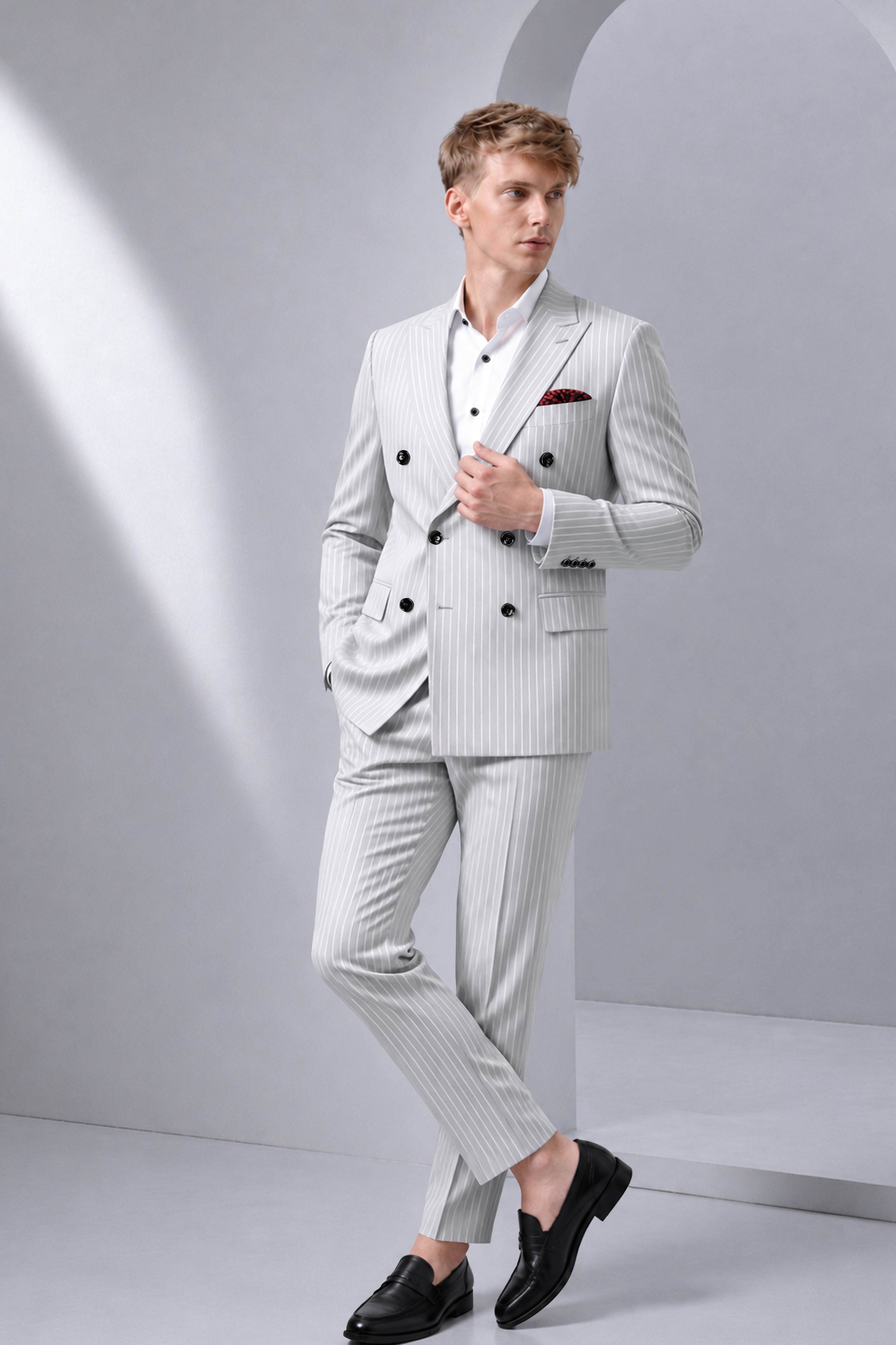 Sterlan-Goose Gray And Bright White Chalk Striped Wool Rich Slight Stretch Double Breasted Suit