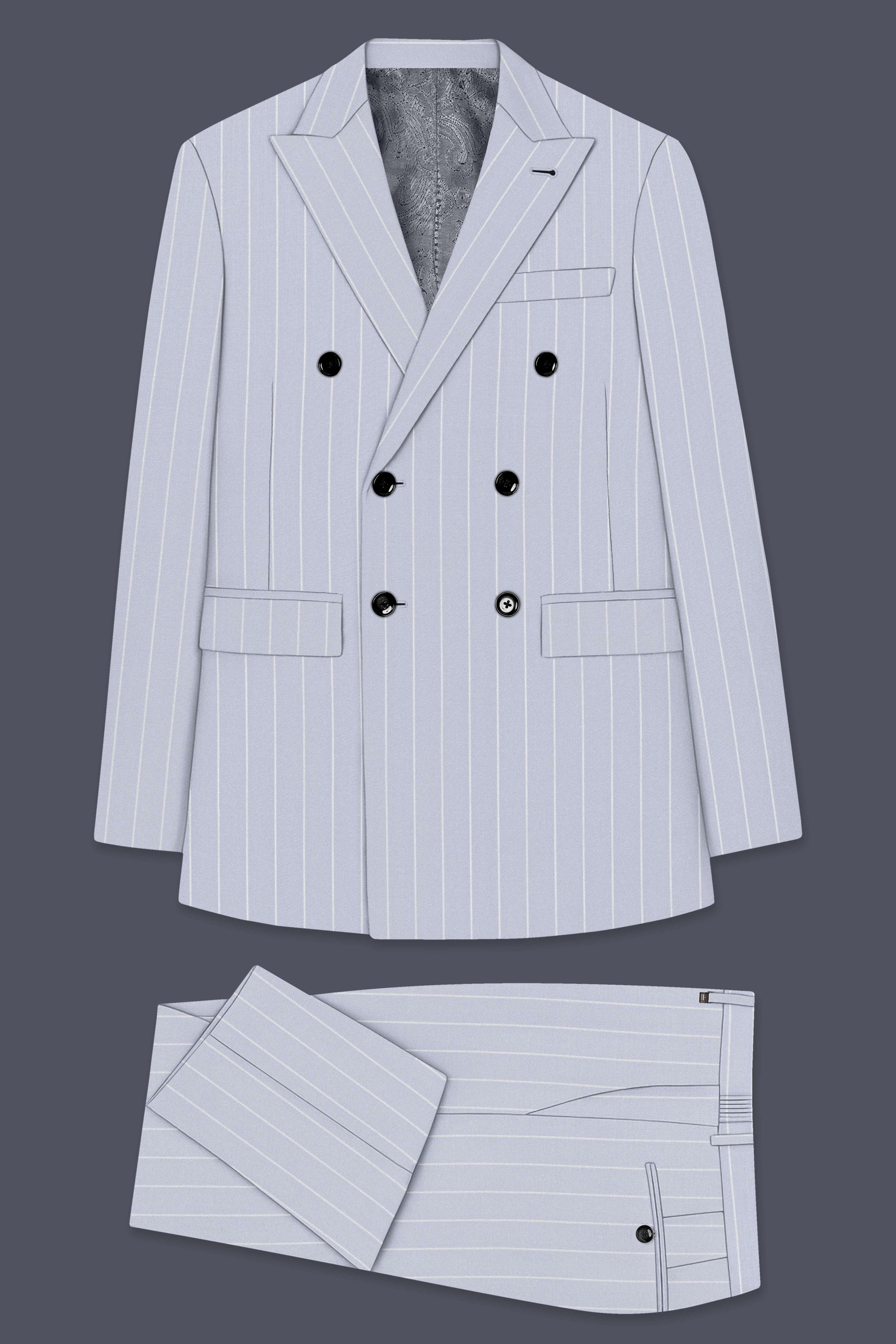Axiom-Loblolly Gray And Bright White Chalk Striped Wool Rich Slight Stretch Double Breasted Suit