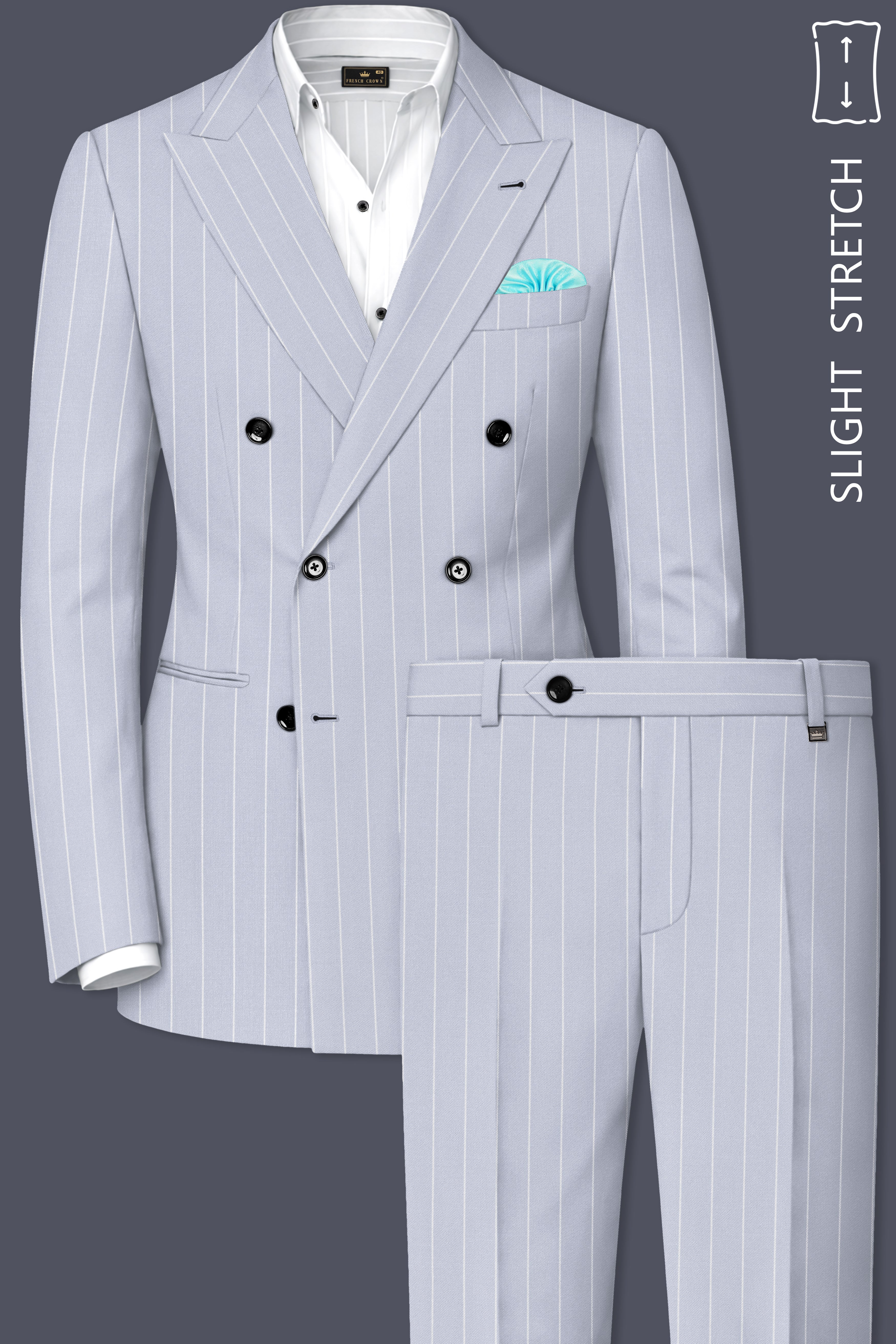 Axiom-Loblolly Gray And Bright White Chalk Striped Wool Rich Slight Stretch Double Breasted Suit