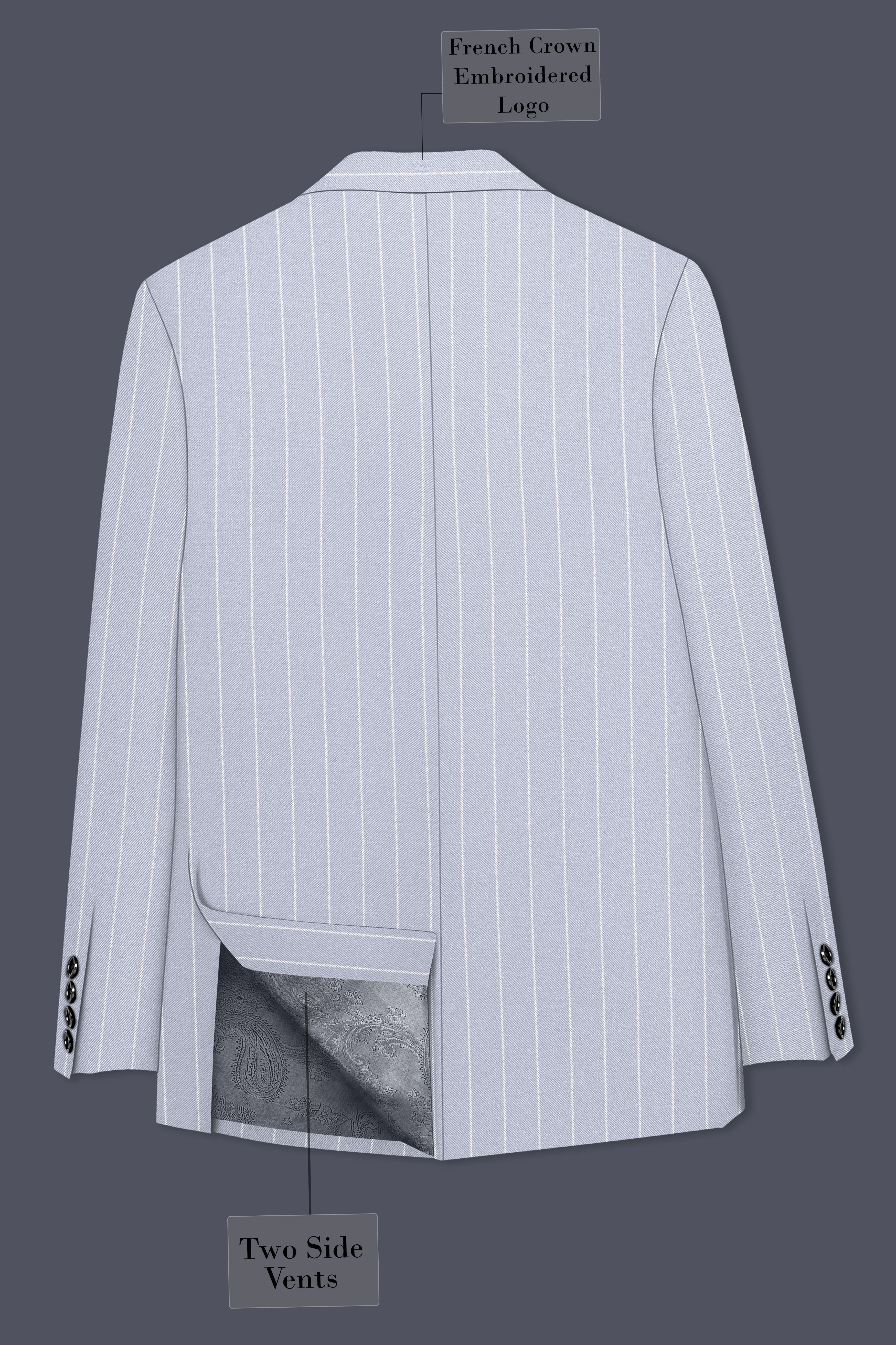 Axiom-Loblolly Gray And Bright White Chalk Striped Wool Rich Slight Stretch Double Breasted Suit