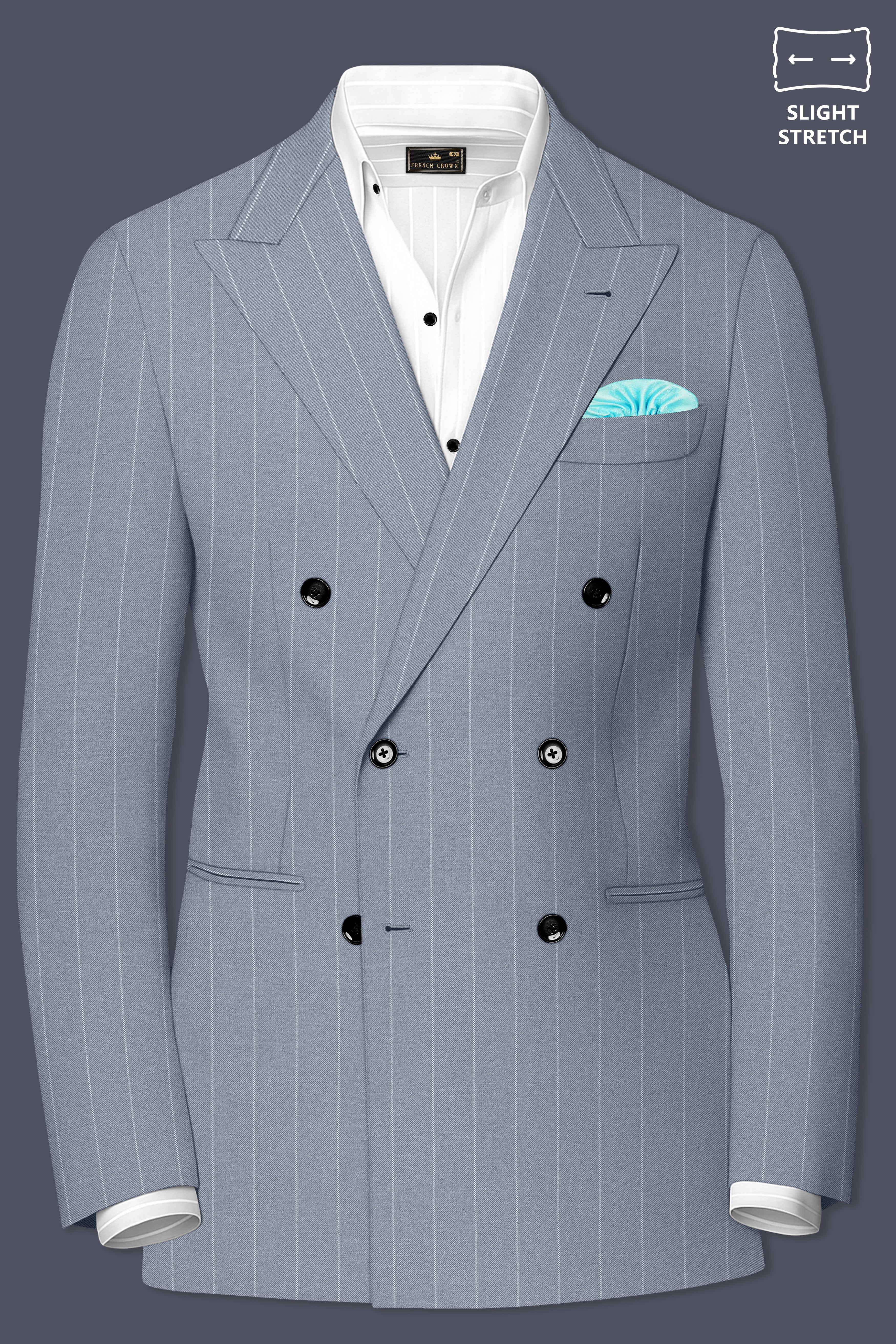 Prestige-Regent Gray And Bright White Chalk Striped Wool Rich Slight Stretch Double Breasted Suit