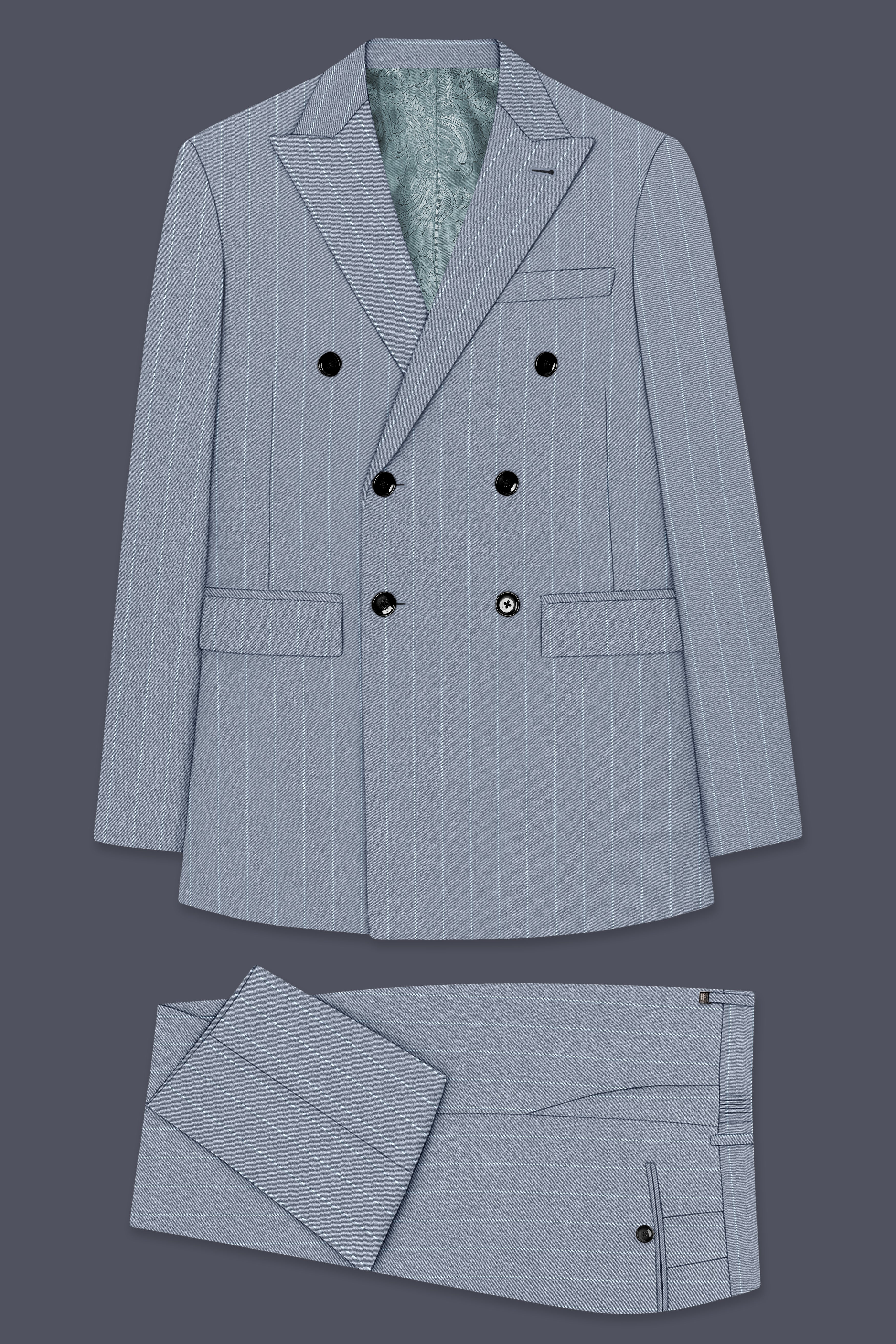 Prestige-Regent Gray And Bright White Chalk Striped Wool Rich Slight Stretch Double Breasted Suit