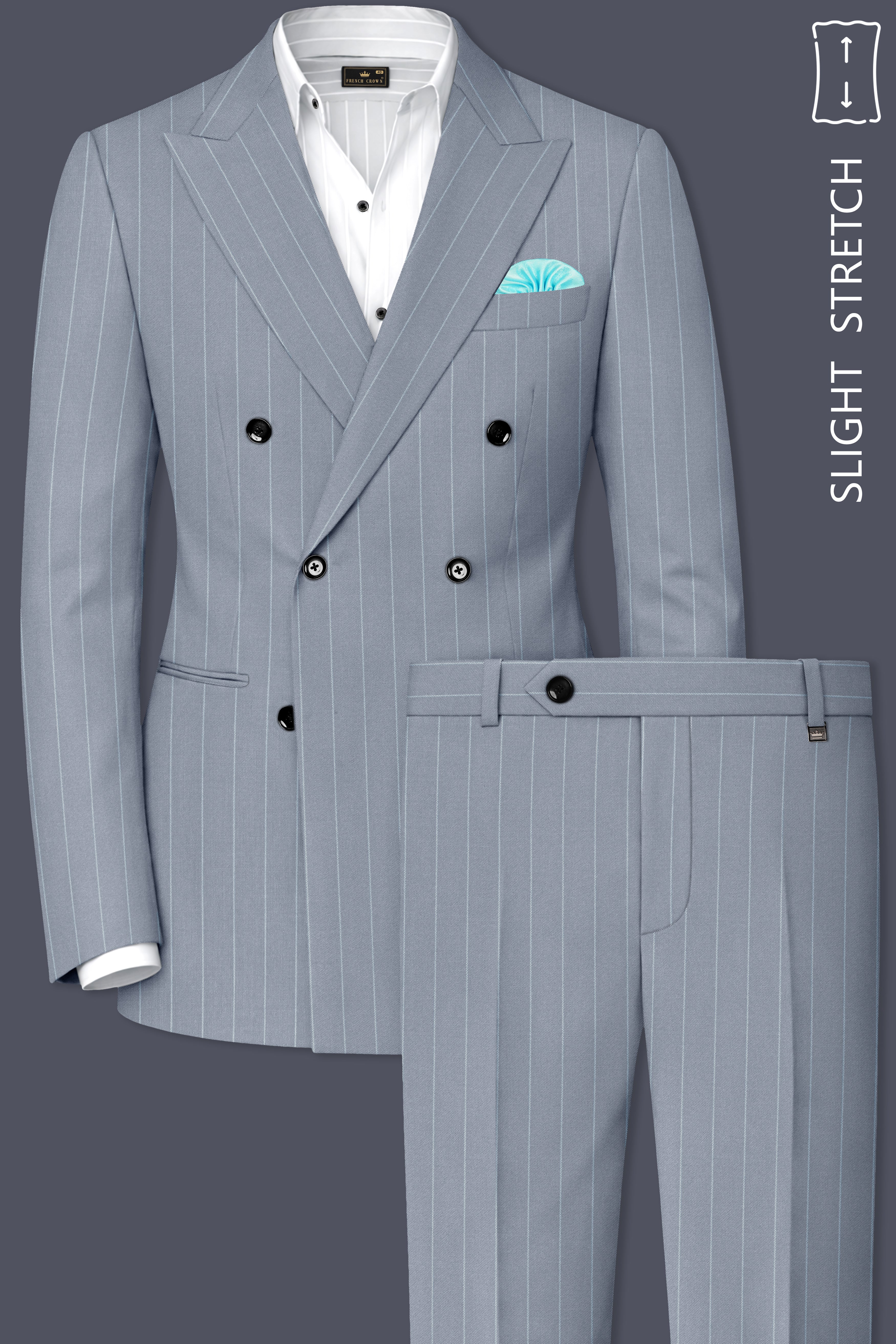 Prestige-Regent Gray And Bright White Chalk Striped Wool Rich Slight Stretch Double Breasted Suit