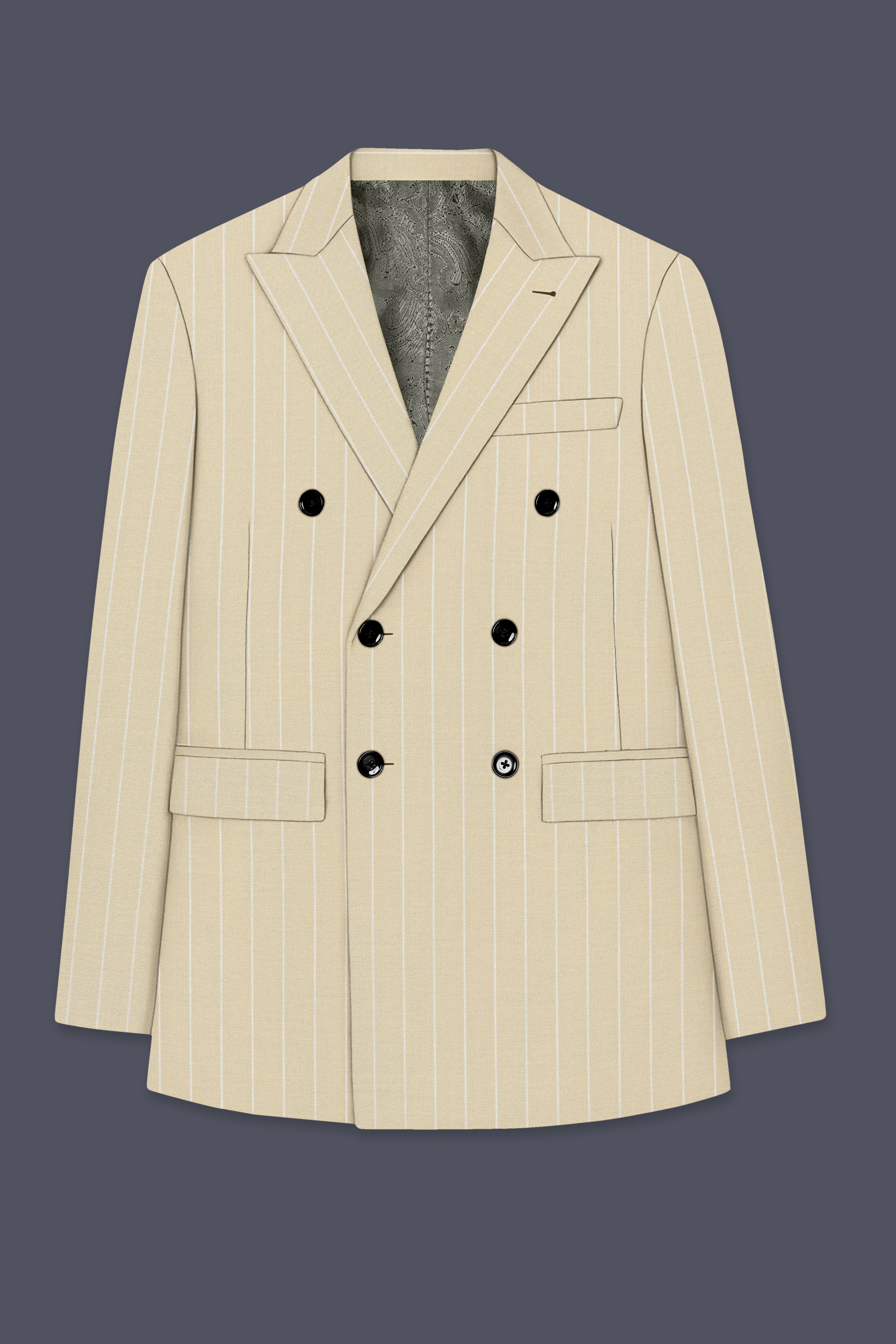 Lumier-Akaroa Cream And Bright White Chalk Striped Wool Rich Slight Stretch Double Breasted Suit