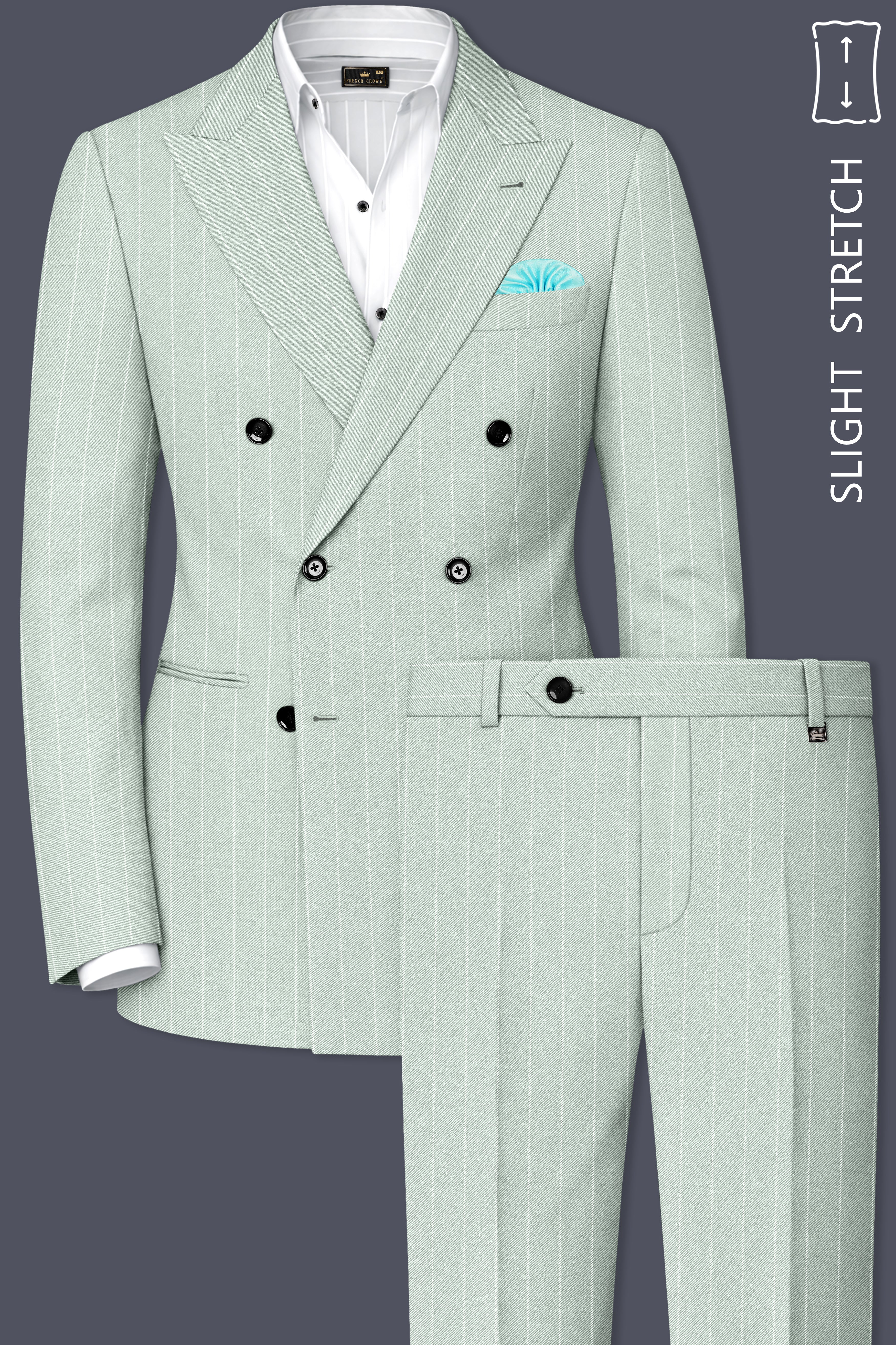 Halcyon-Pale Leaf Green And Bright White Chalk Striped Wool Rich Slight Stretch Double Breasted Suit