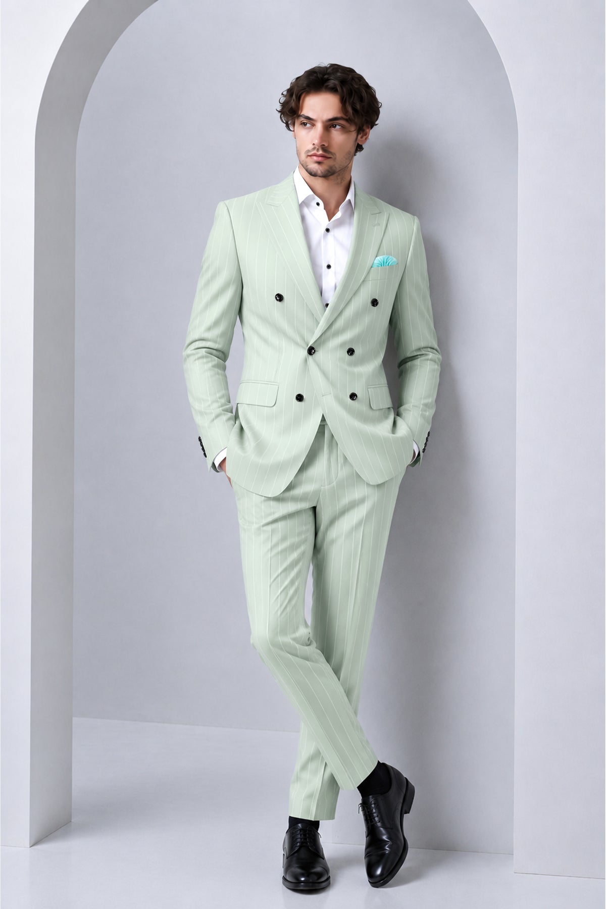 Halcyon-Pale Leaf Green And Bright White Chalk Striped Wool Rich Slight Stretch Double Breasted Suit