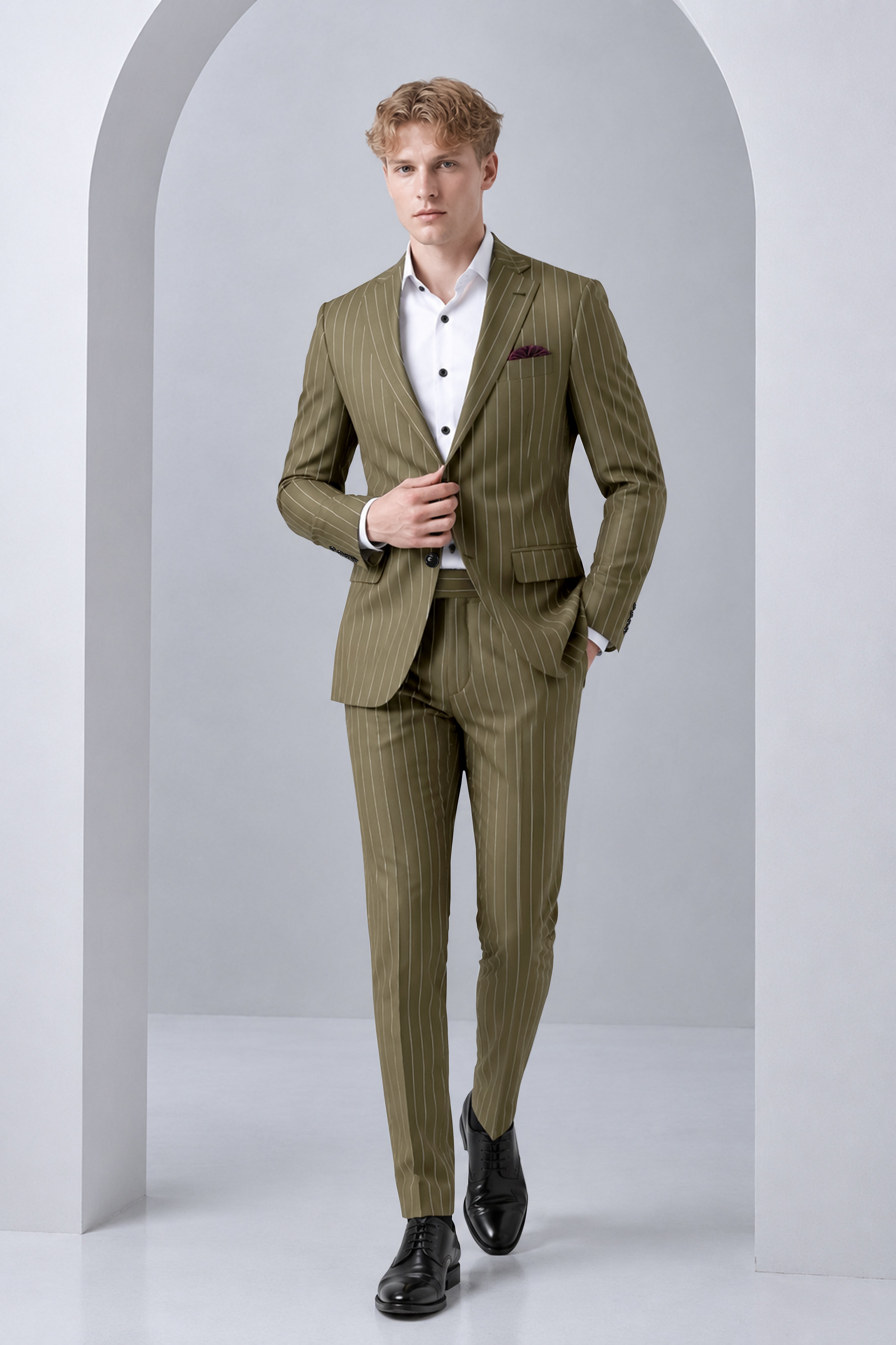 Pinacle-Hamlock Brown And Bright White Chalk Striped Wool Rich Slight Stretch Single Breasted Suit
