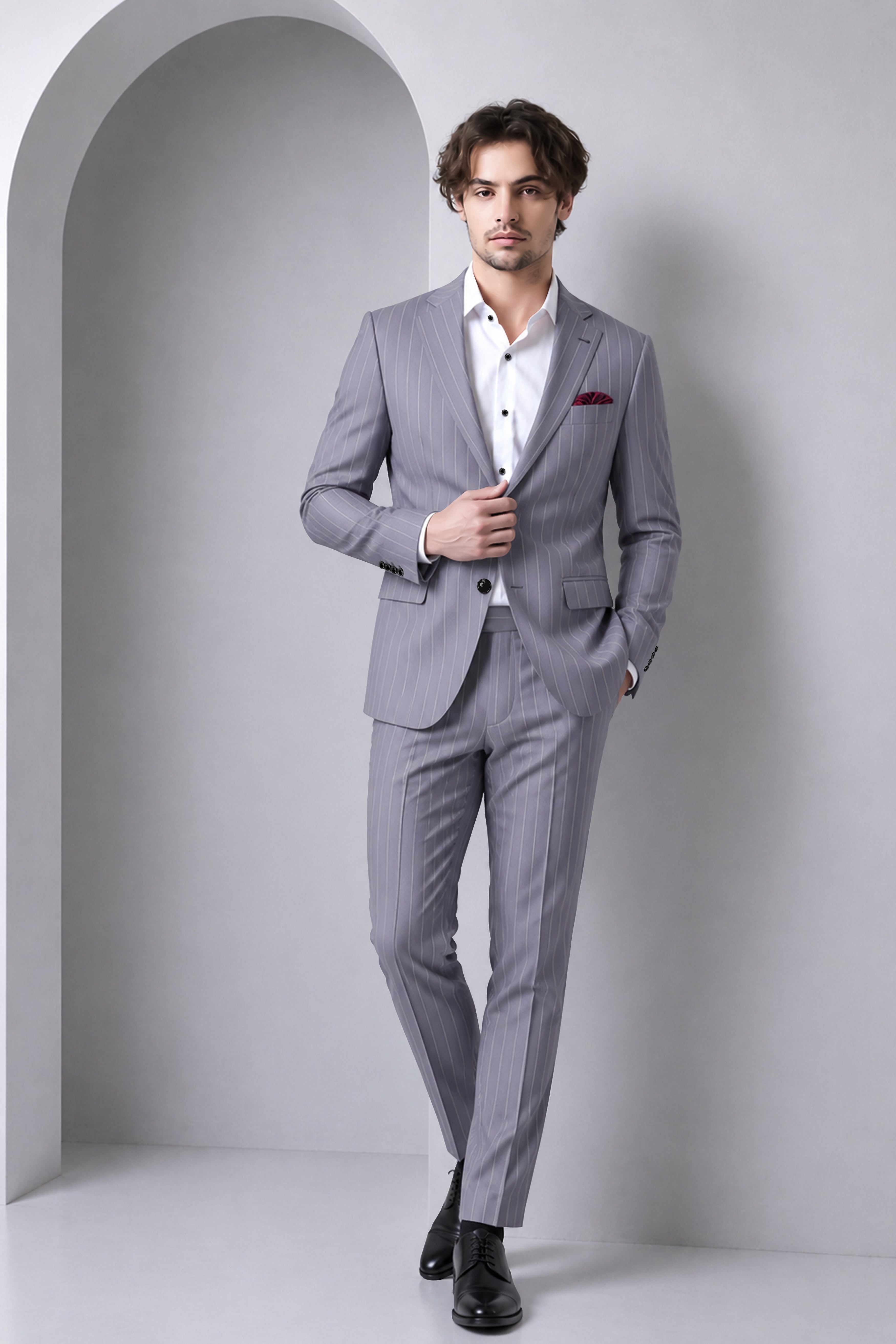 Regent-Mobster Gray And Bright White Chalk Striped Wool Rich Slight Stretch Single Breasted Suit