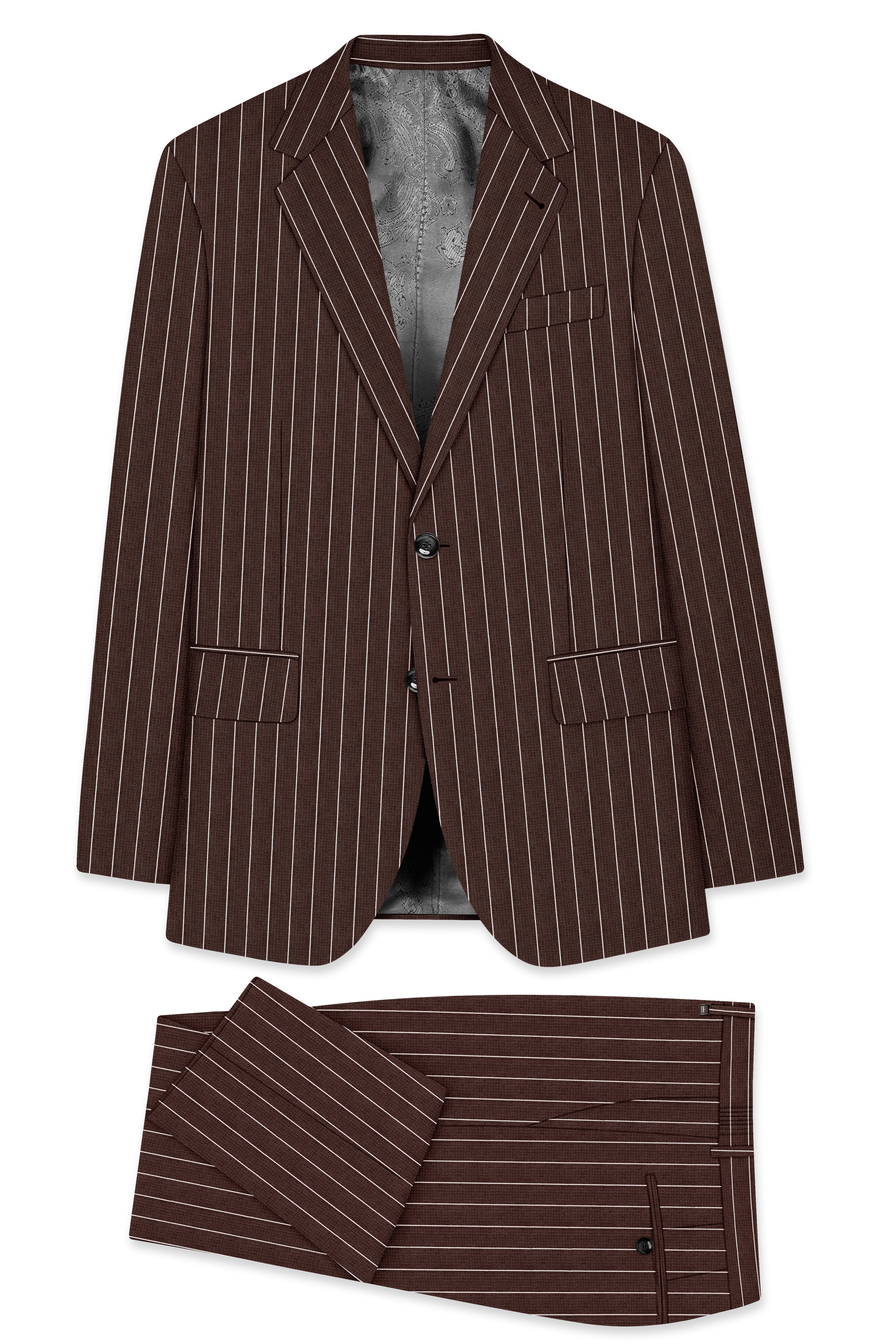 Bristol-Bistre Brown And Bright White Chalk Striped Wool Rich Slight Stretch Single Breasted Suit