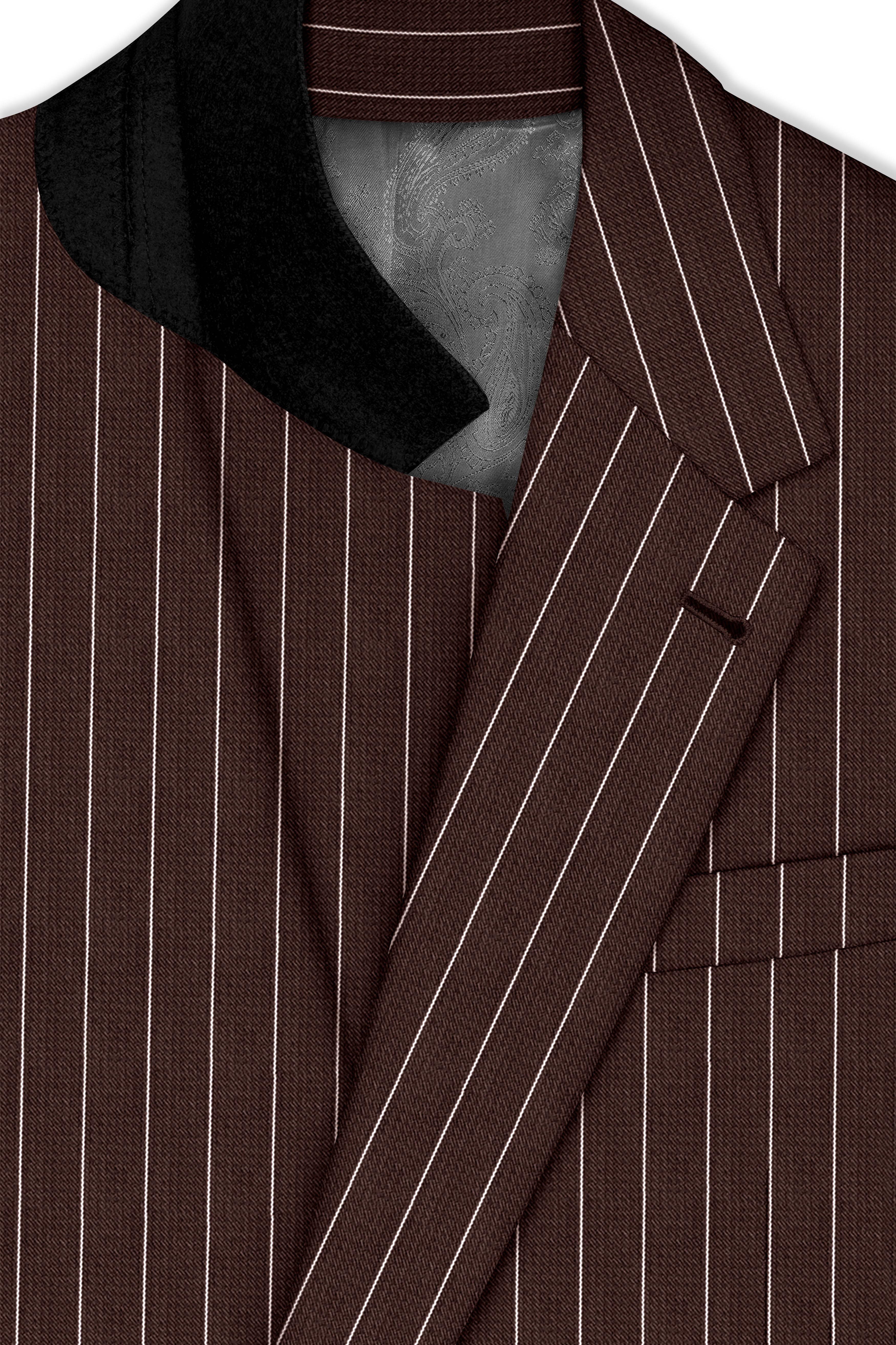 Bristol-Bistre Brown And Bright White Chalk Striped Wool Rich Slight Stretch Single Breasted Suit