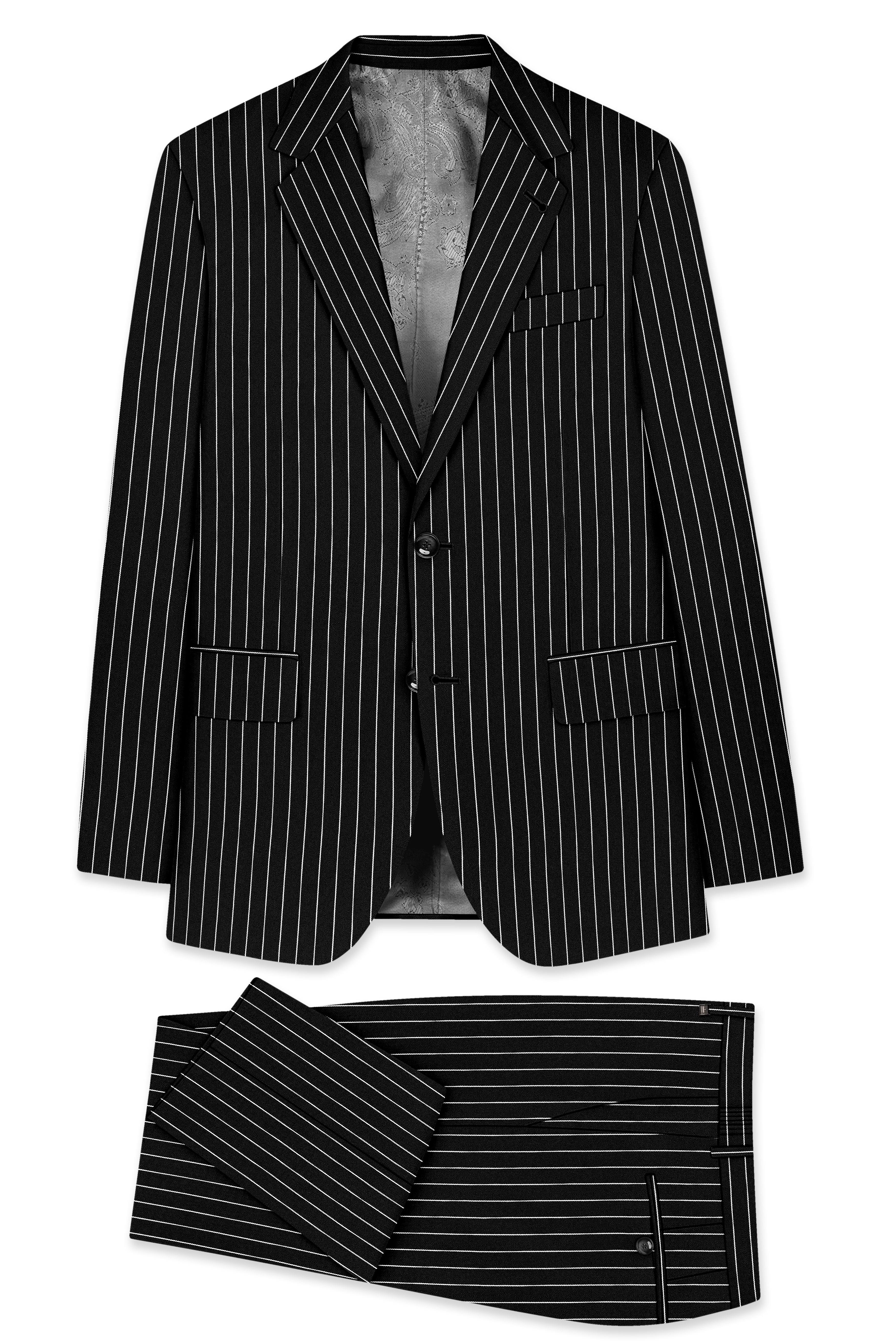 Noir-Jade Black Herringbone Striped Wool Rich Slight Stretch Single Breasted Suit
