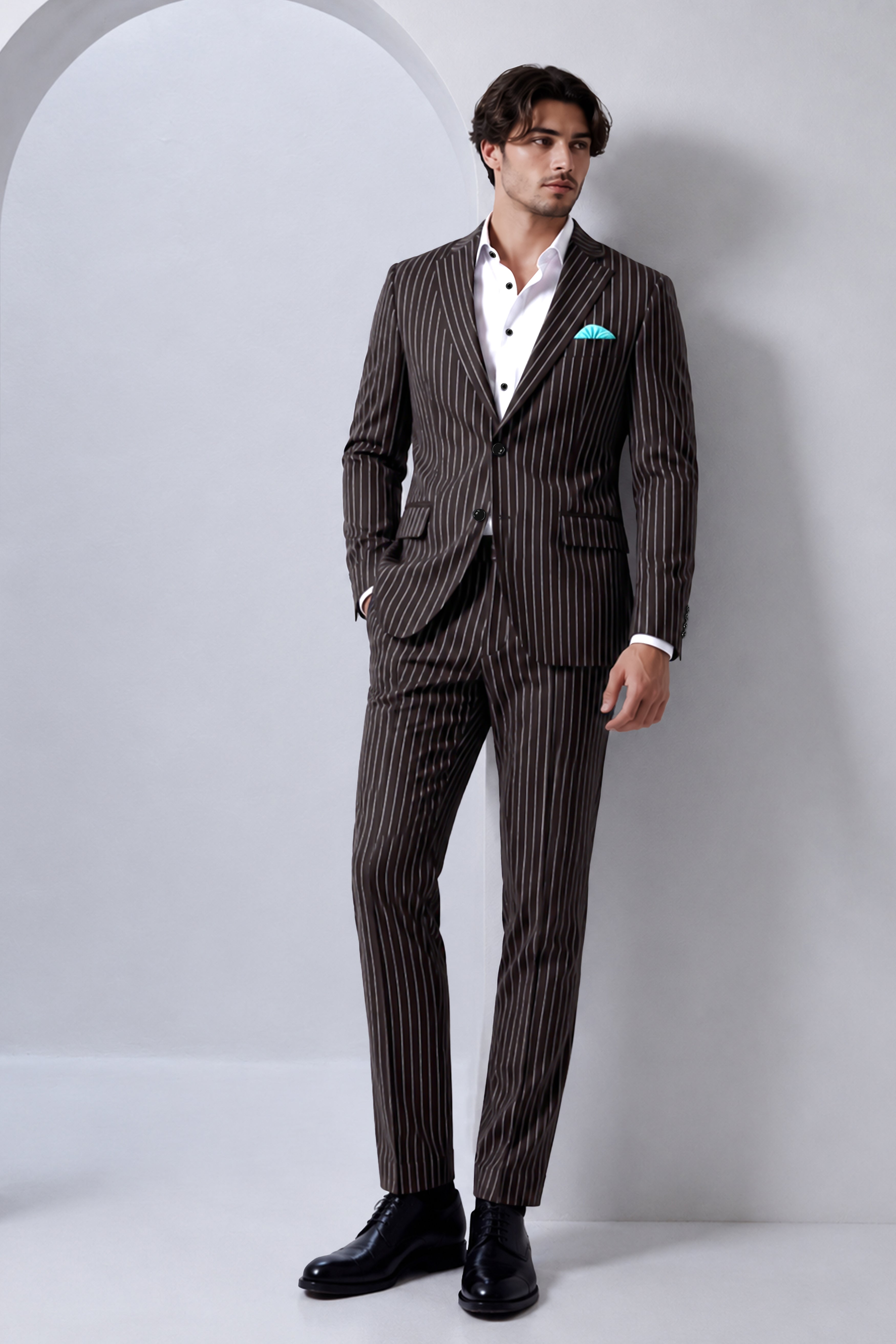 Volt-Thunder Brown Herringbone Striped Wool Rich Slight Stretch Single Breasted Suit