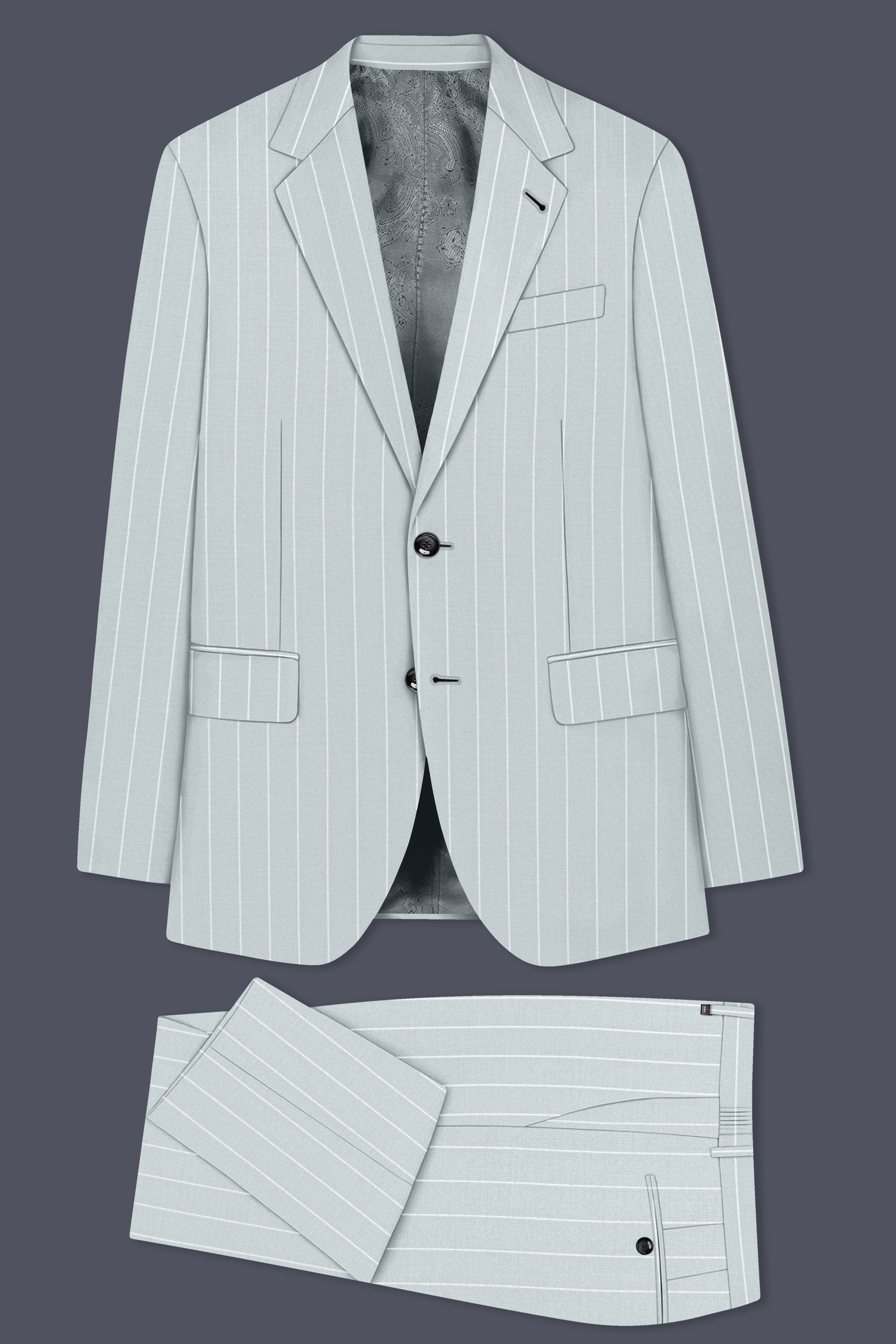 Slate-Tiara Gray And Bright White Chalk Striped Wool Rich Slight Stretch Single Breasted Suit