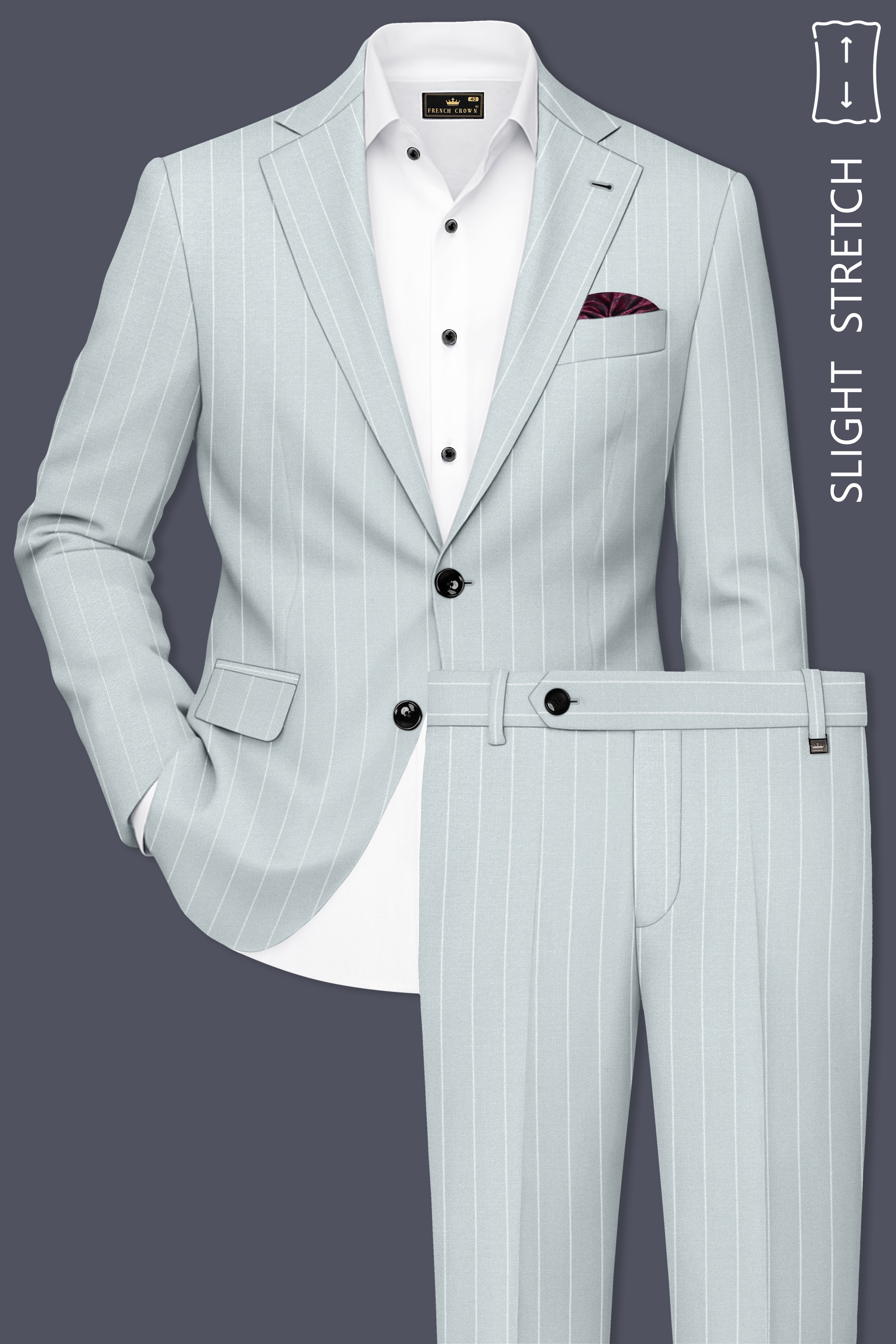 Slate-Tiara Gray And Bright White Chalk Striped Wool Rich Slight Stretch Single Breasted Suit