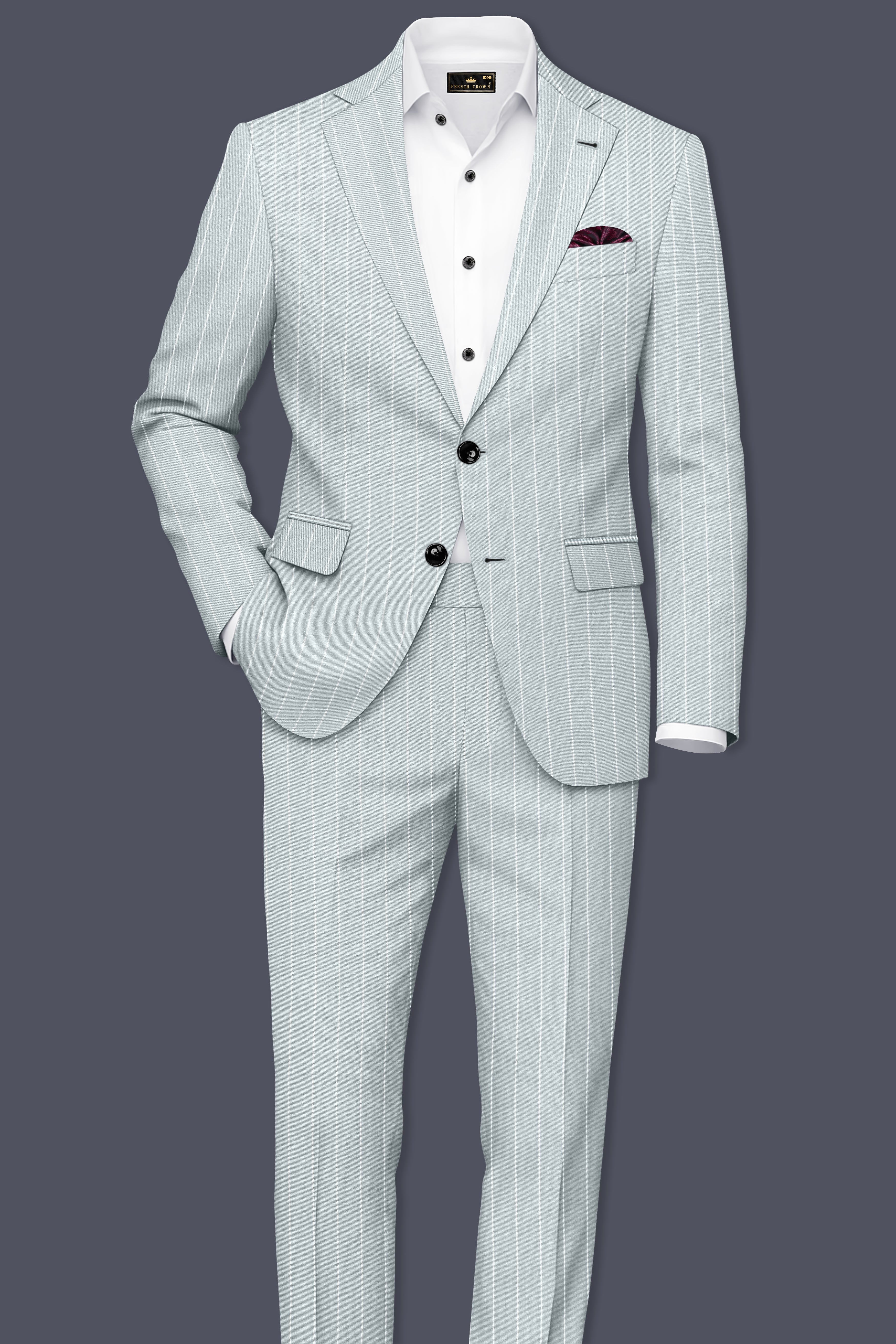 Slate-Tiara Gray And Bright White Chalk Striped Wool Rich Slight Stretch Single Breasted Suit