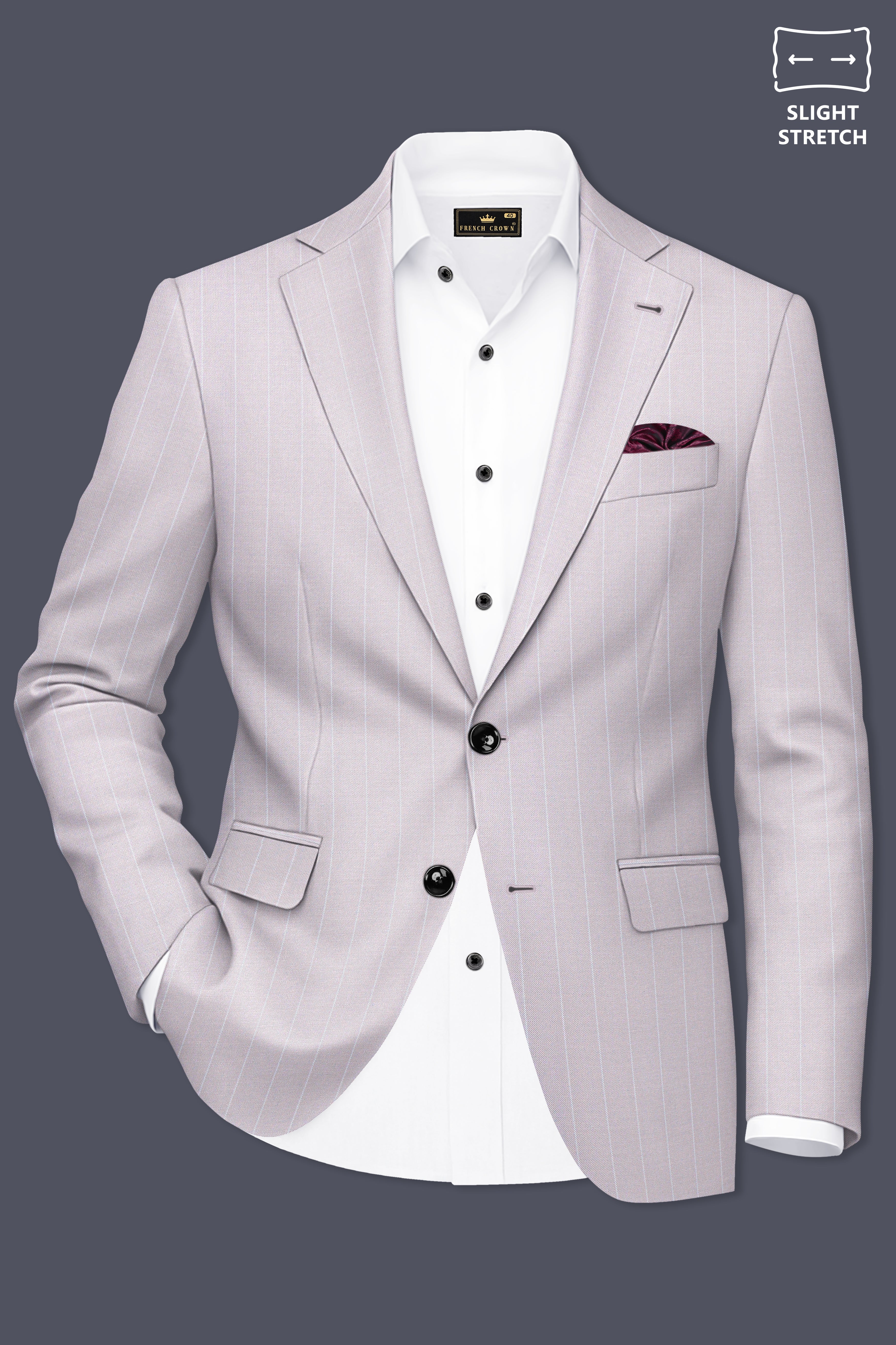 Roselle-Thistle Pink And Bright White Chalk Striped Wool Rich Slight Stretch Single Breasted Suit