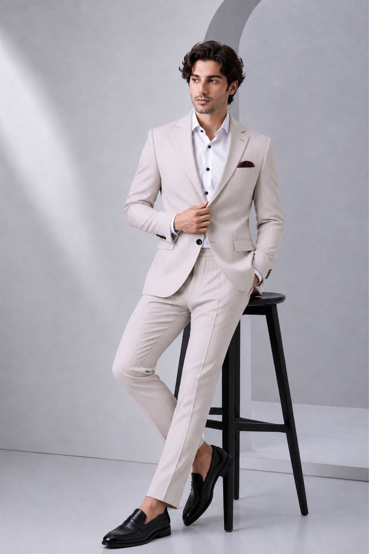 Roselle-Thistle Pink And Bright White Chalk Striped Wool Rich Slight Stretch Single Breasted Suit