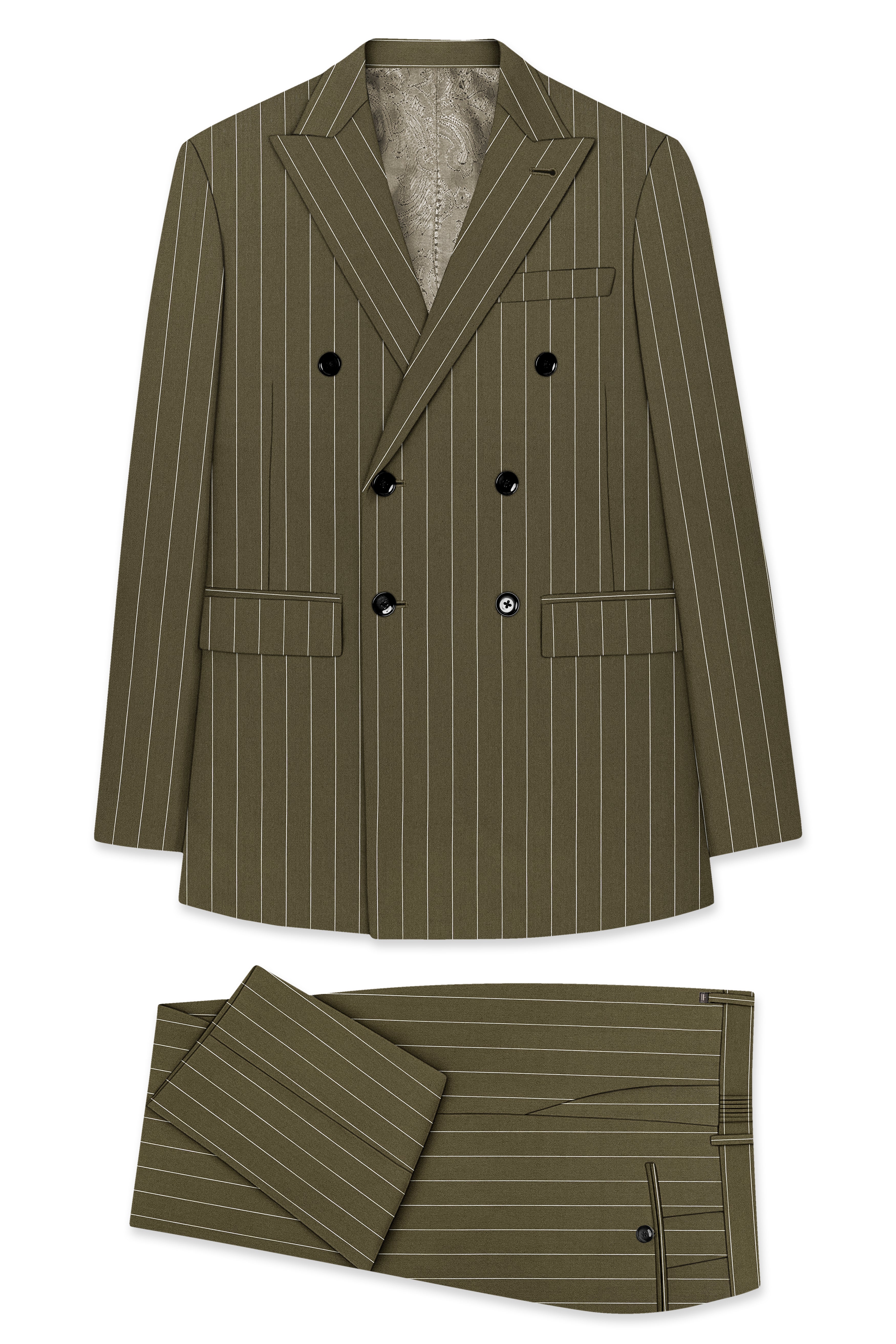 Pinacle-Hamlock Brown And Bright White Chalk Striped Wool Rich Slight Stretch Double Breasted Suit