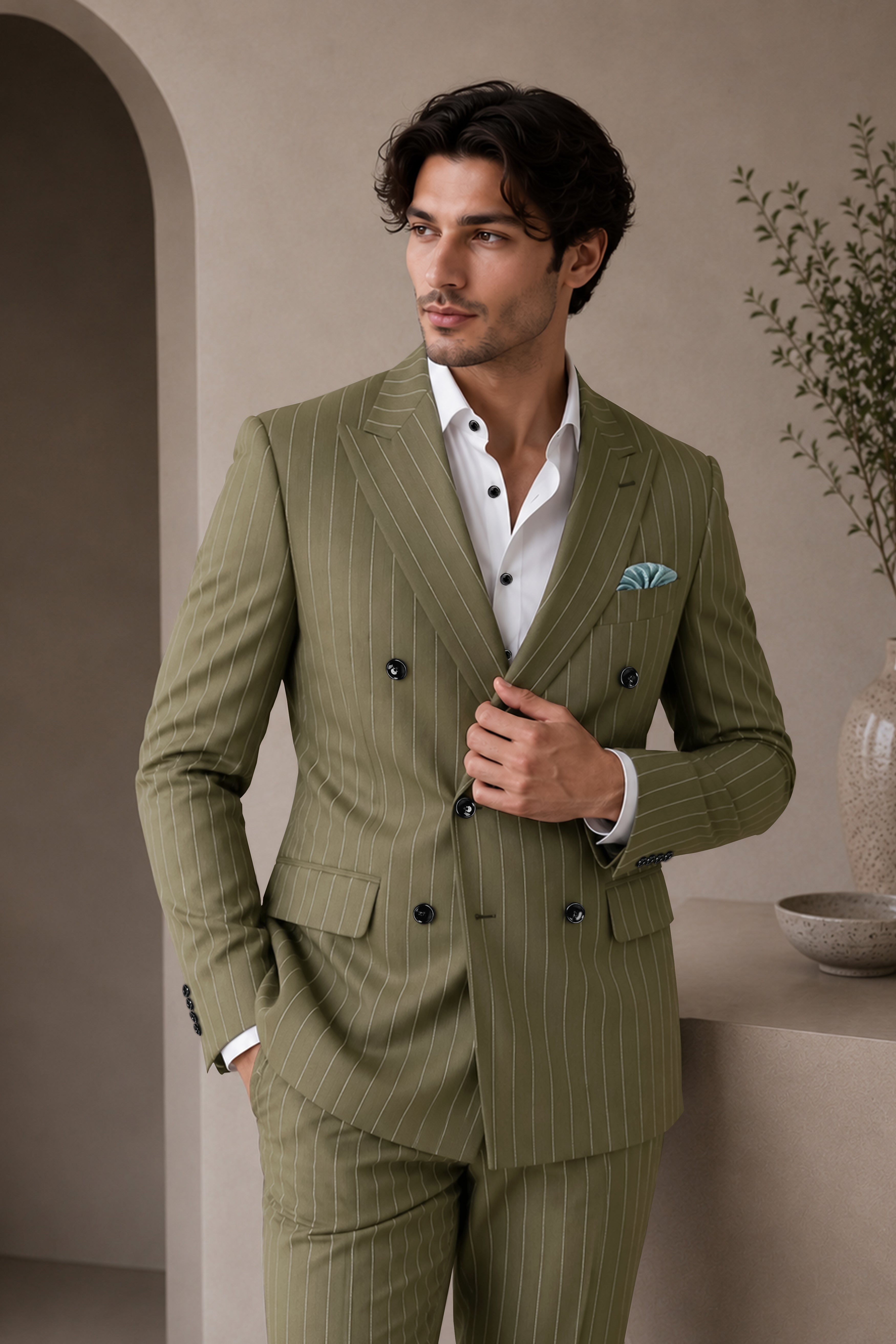 Pinacle-Hamlock Brown And Bright White Chalk Striped Wool Rich Slight Stretch Double Breasted Suit
