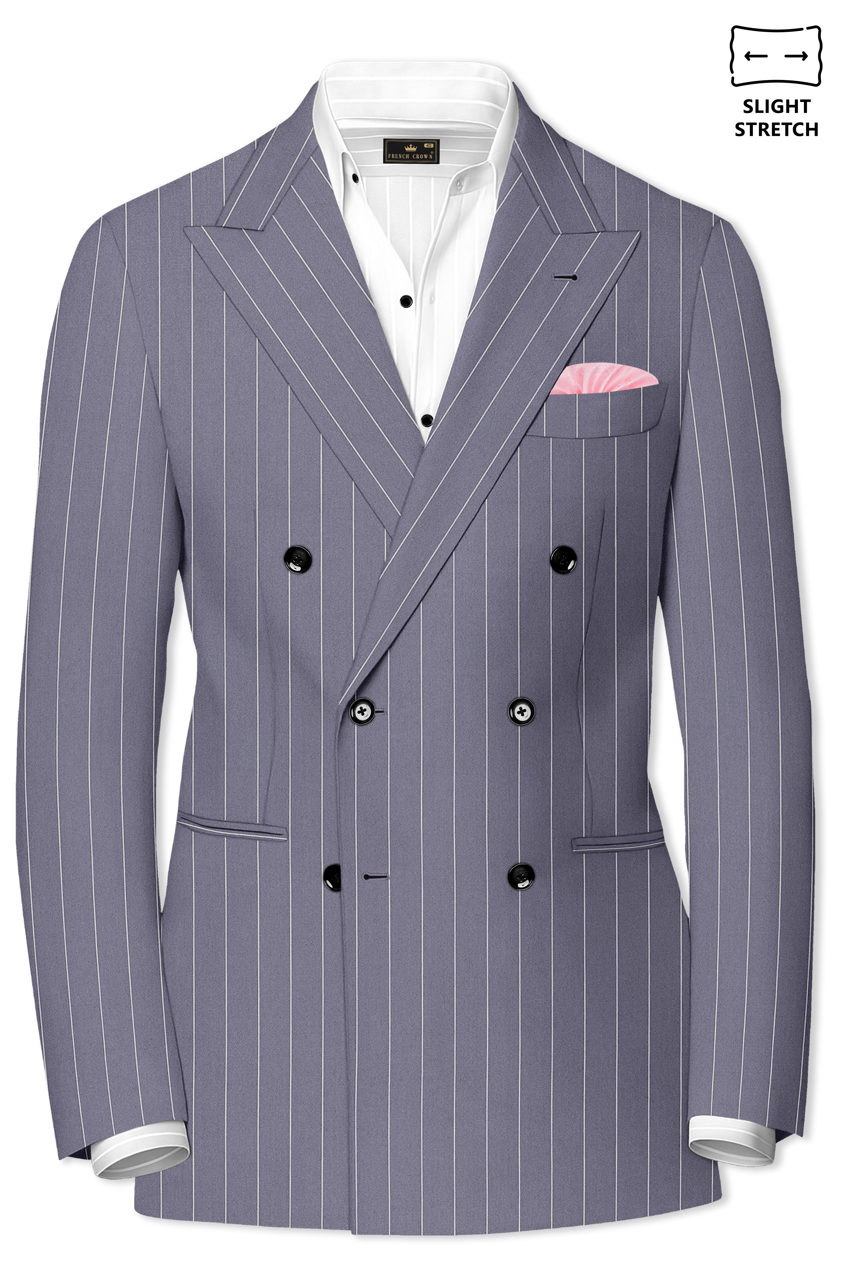 Regent-Mobster Gray And Bright White Chalk Striped Wool Rich Slight Stretch Double Breasted Suit