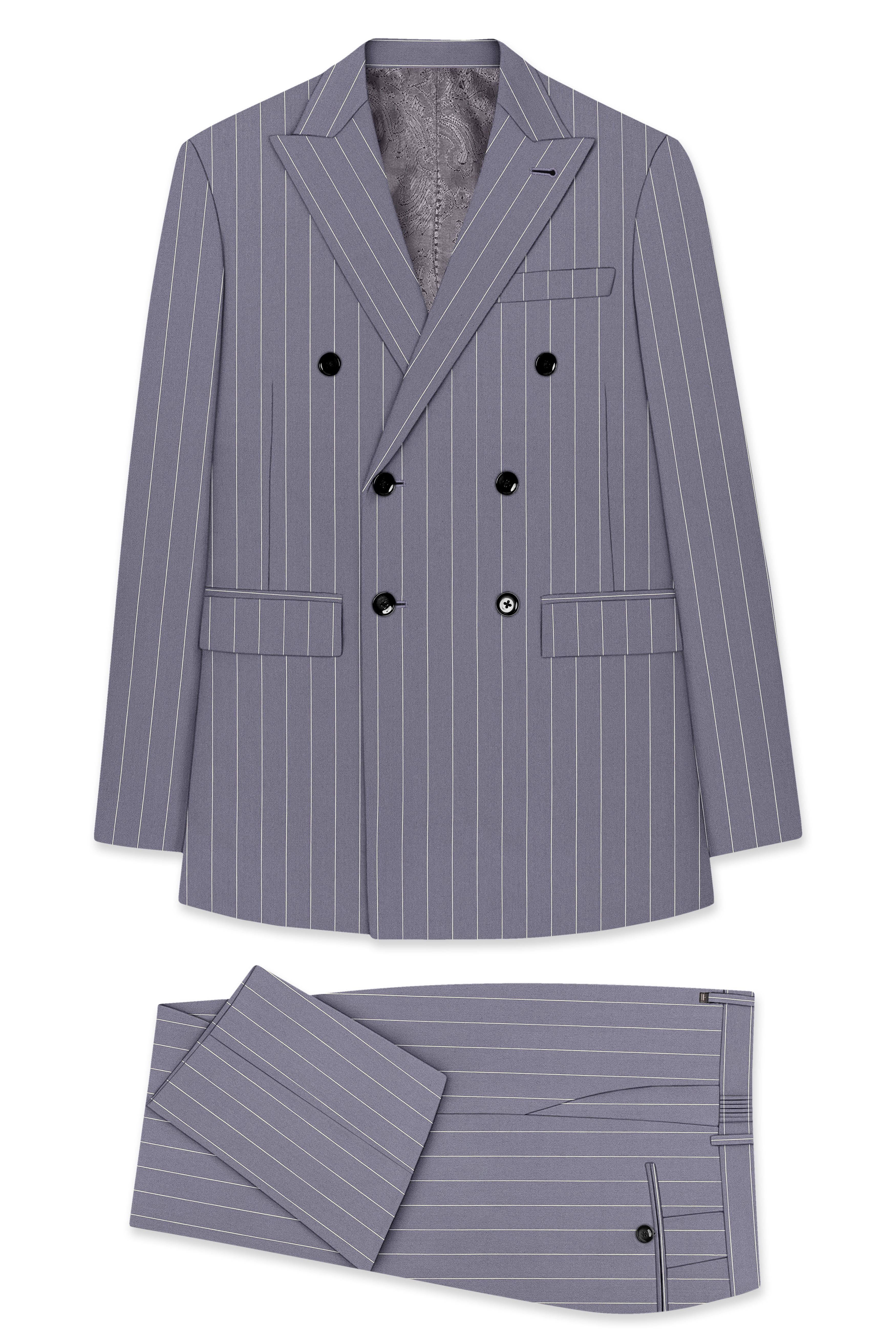 Regent-Mobster Gray And Bright White Chalk Striped Wool Rich Slight Stretch Double Breasted Suit